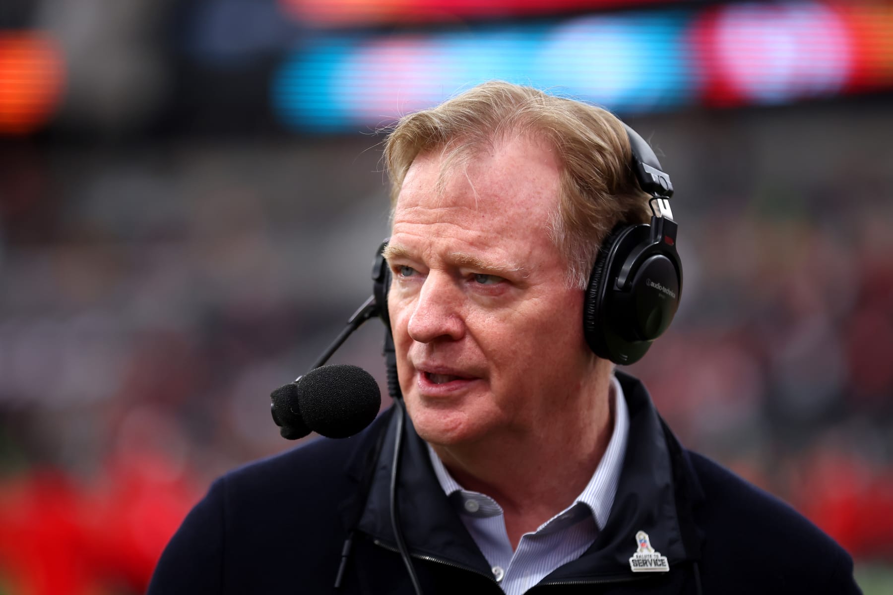 FRANKFURT AM MAIN, GERMANY - NOVEMBER 05: Roger Goodell, Commissioner of the NFL, looks on prior to the NFL match between Miami Dolphins and Kansas City Chiefs at Deutsche Bank Park on November 05, 2023 in Frankfurt am Main, Germany. (Photo by Alex Grimm/Getty Images)