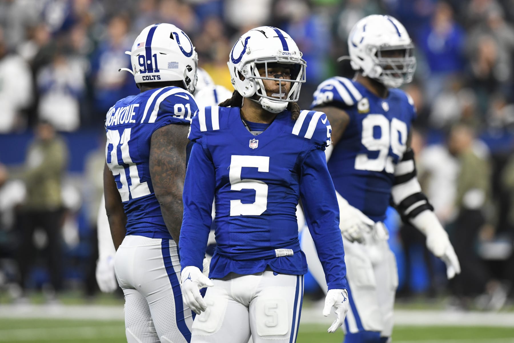 INDIANAPOLIS, IN - NOVEMBER 20: Indianapolis Colts Cornerback Stephon Gilmore (5) waits for play to resume during the NFL football game between the Philadelphia Eagles and the Indianapolis Colts on November 20, 2022, at Lucas Oil Stadium in Indianapolis, Indiana. (Photo by Michael Allio/Icon Sportswire via Getty Images)
