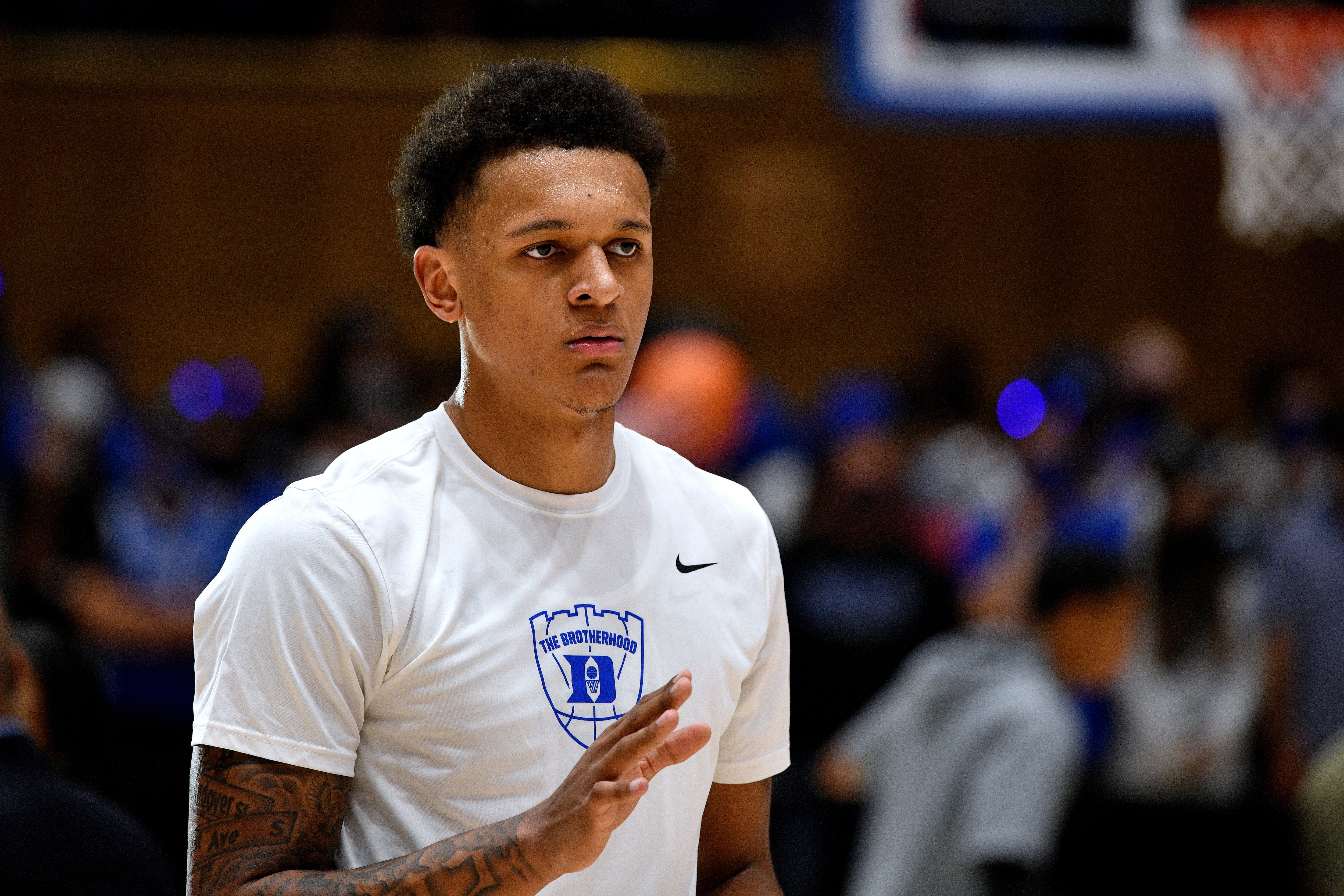 DURHAM, NC - NOVEMBER 12: Paolo Banchero #5 of the Duke Blue Devils warms up prior to their game against the Army Black Knights at Cameron Indoor Stadium on November 12, 2021 in Durham, North Carolina. (Photo by Lance King/Getty Images)