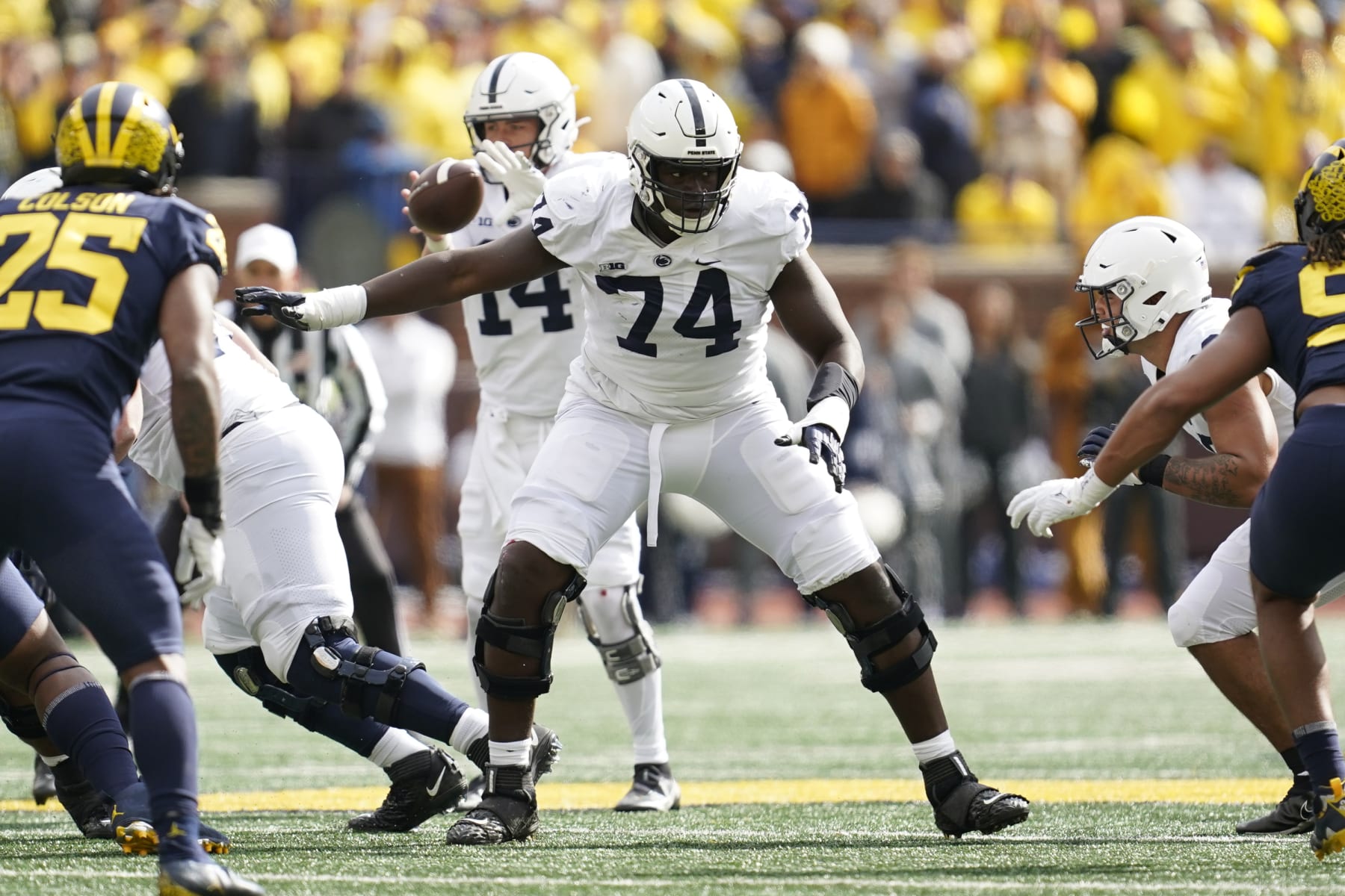 Penn State offensive lineman Olumuyiwa Fashanu (74) plays against Michigan in the second half of an NCAA college football game in Ann Arbor, Mich., Saturday, Oct. 15, 2022. (AP Photo/Paul Sancya)