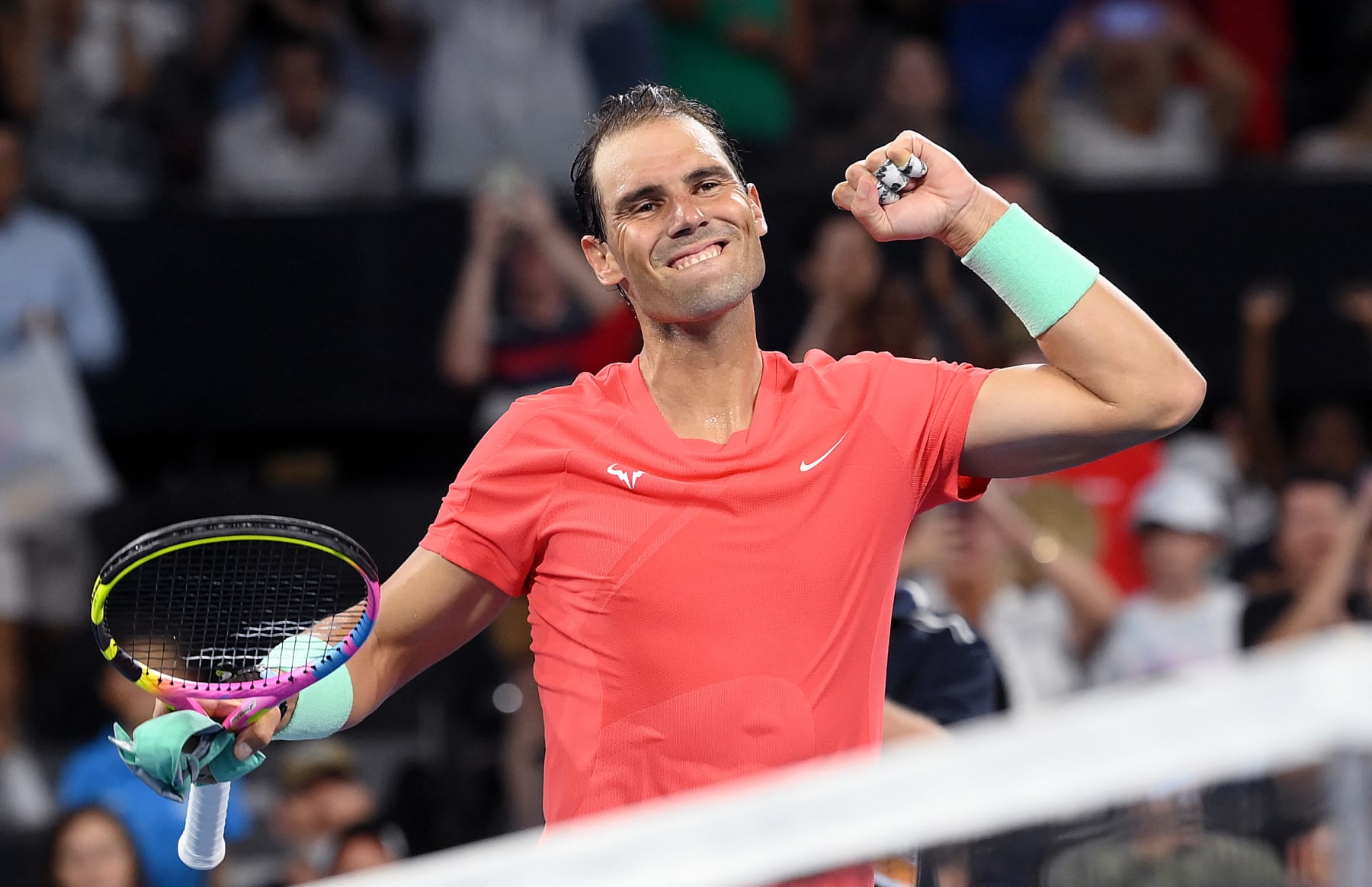 BRISBANE, AUSTRALIA - JANUARY 02: Rafael Nadal of Spain celebrates victory after his match against Dominic Thiem of Austria during day two of the  2024 Brisbane International at Queensland Tennis Centre on January 02, 2024 in Brisbane, Australia.  (Photo by Bradley Kanaris/Getty Images)