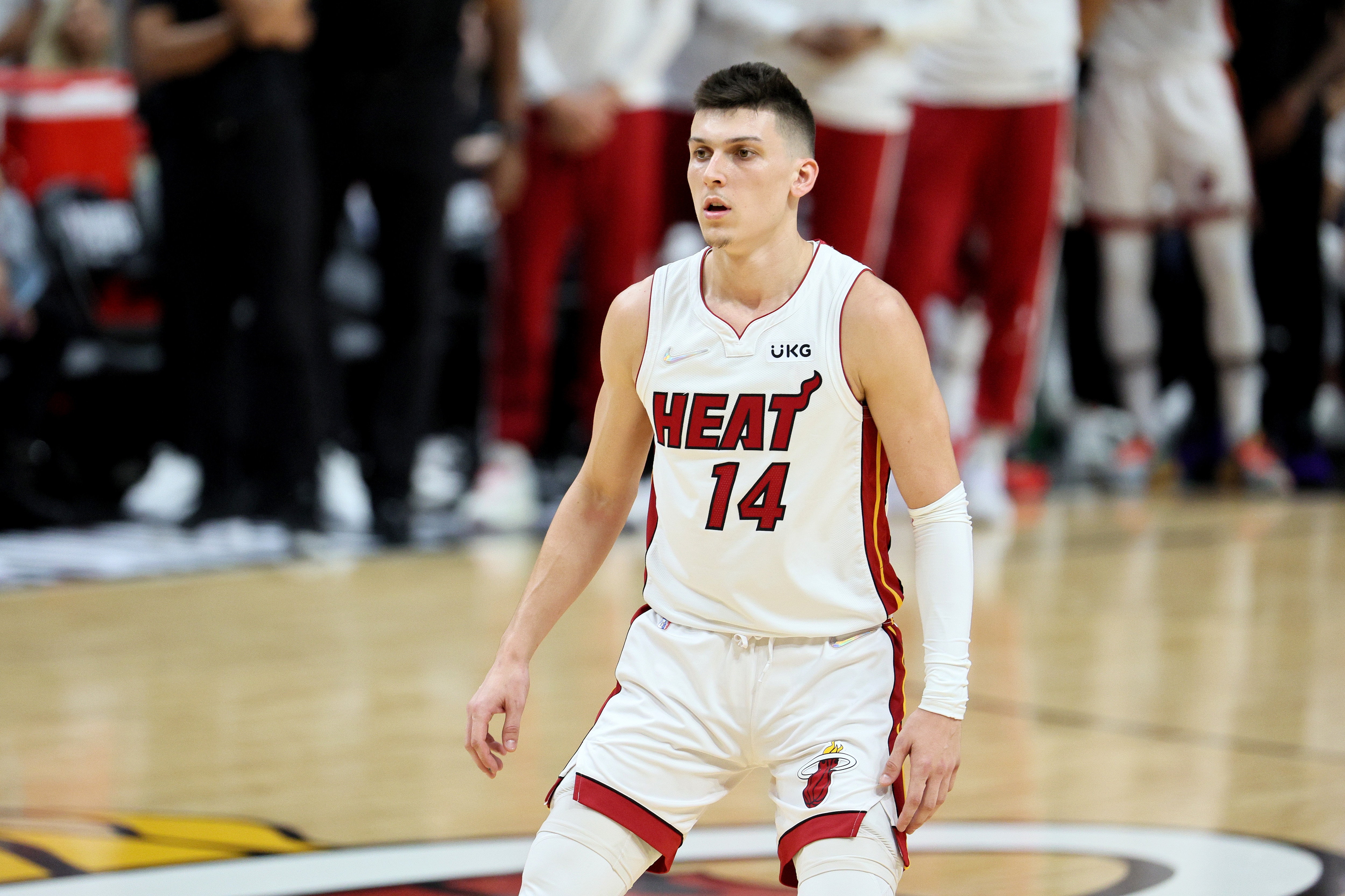 MIAMI, FLORIDA - MAY 29: Tyler Herro #14 of the Miami Heat looks against the Boston Celtics during the second quarter in Game Seven of the 2022 NBA Playoffs Eastern Conference Finals at FTX Arena on May 29, 2022 in Miami, Florida. NOTE TO USER: User expressly acknowledges and agrees that, by downloading and/or using this photograph, User is consenting to the terms and conditions of the Getty Images License Agreement. (Photo by Andy Lyons/Getty Images)