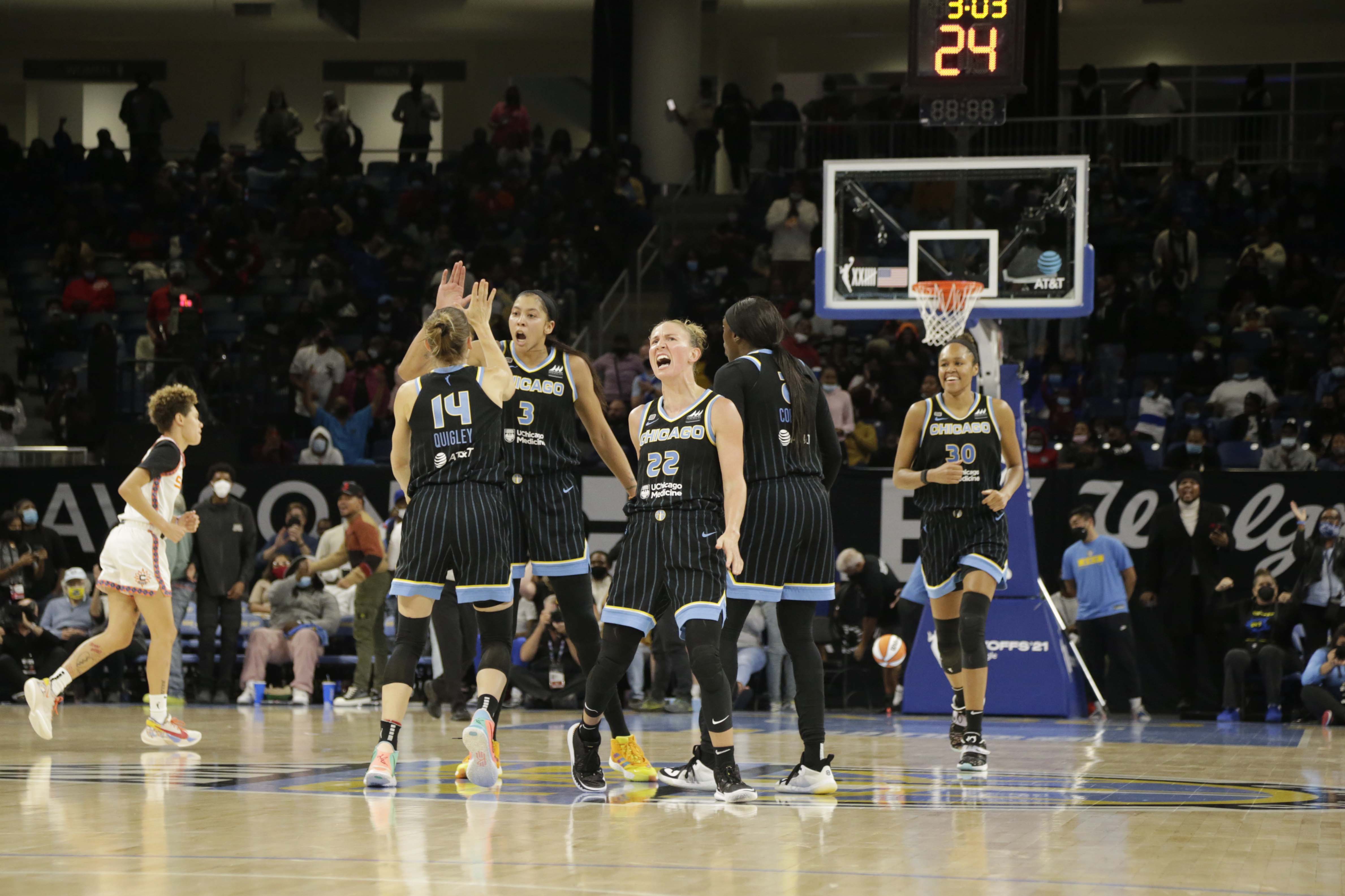 CHICAGO, IL - OCTOBER 6:  The Chicago Sky celebrates during the game against the Connecticut Sun during Game 4 of the 2021 WNBA Semifinals on October 6, 2021 at the Wintrust Arena in Chicago, Illinois. NOTE TO USER: User expressly acknowledges and agrees that, by downloading and or using this photograph, user is consenting to the terms and conditions of the Getty Images License Agreement.  Mandatory Copyright Notice: Copyright 2021 NBAE (Photo by Kena Krutsinger/NBAE via Getty Images)