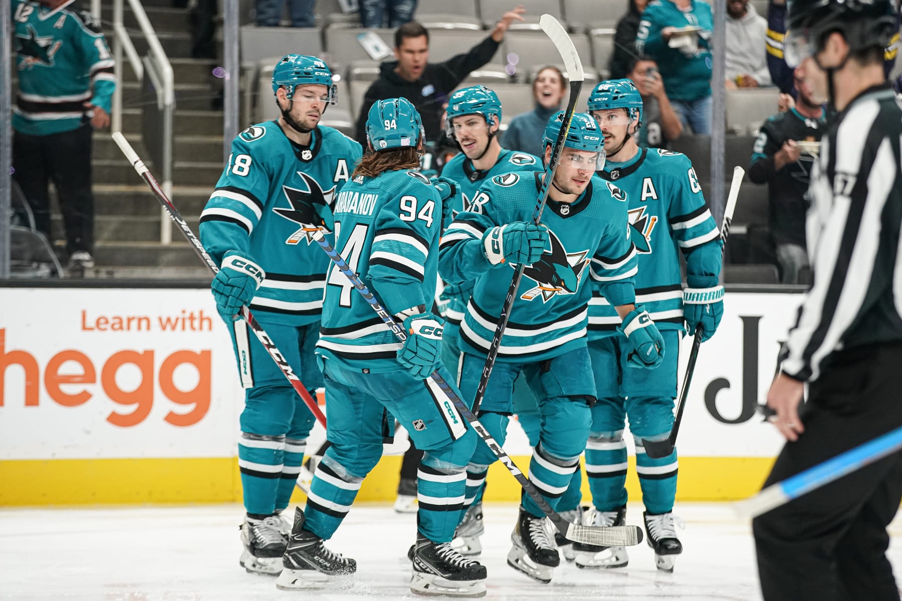 SAN JOSE, CA - NOVEMBER 3: Timo Meier #28, Alexander Barabanov #94, Erik Karlsson #65, Logan Couture #39 and Tomas Hertl #48 of the San Jose Sharks celebrate scoring a goal against the Florida Panthers at SAP Center on November 3, 2022 in San Jose, California. (Photo by Kavin Mistry/NHLI via Getty Images)