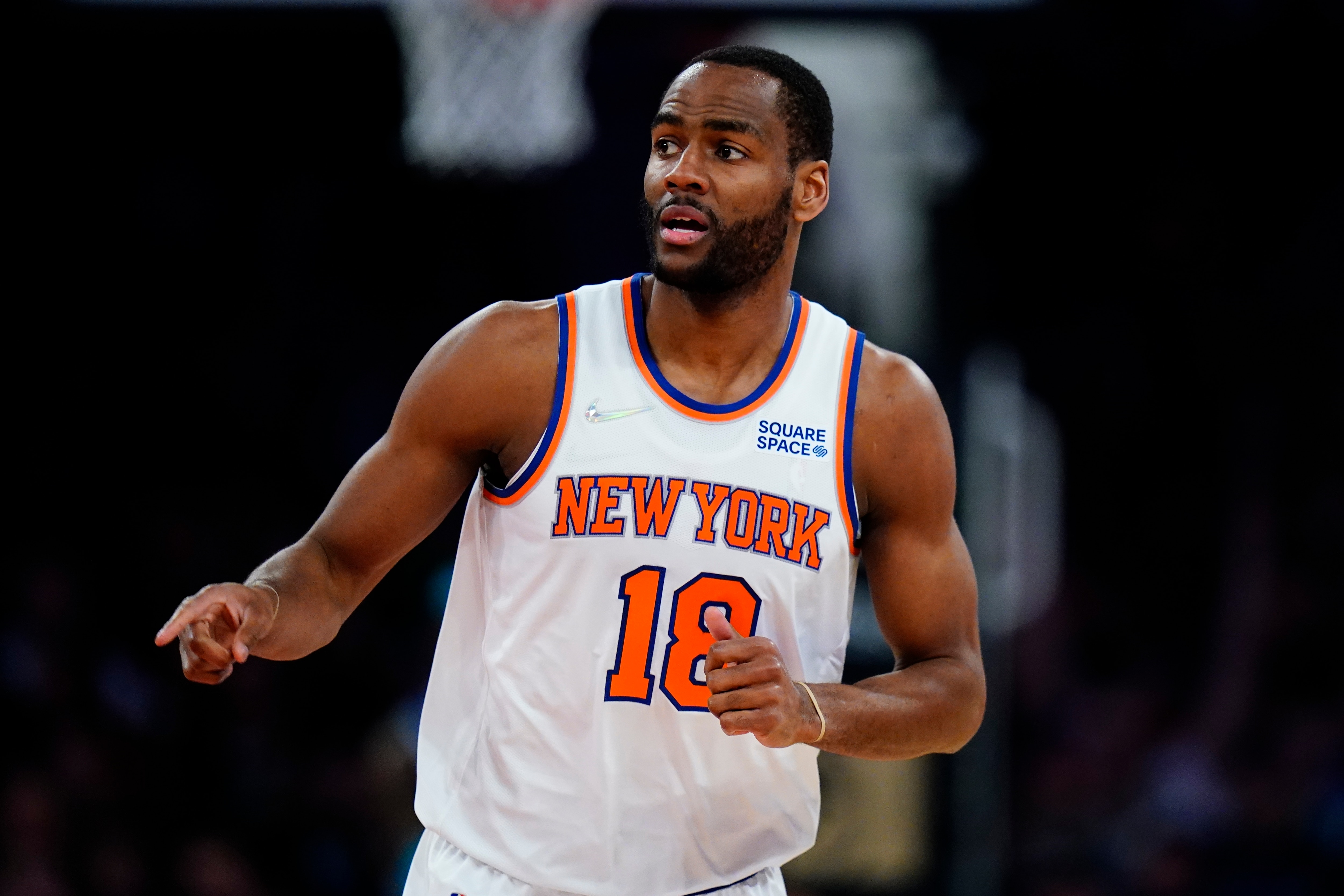 New York Knicks' Alec Burks (18) during the first half of an NBA basketball game against the Charlotte Hornets Wednesday, March 30, 2022, in New York. (AP Photo/Frank Franklin II)