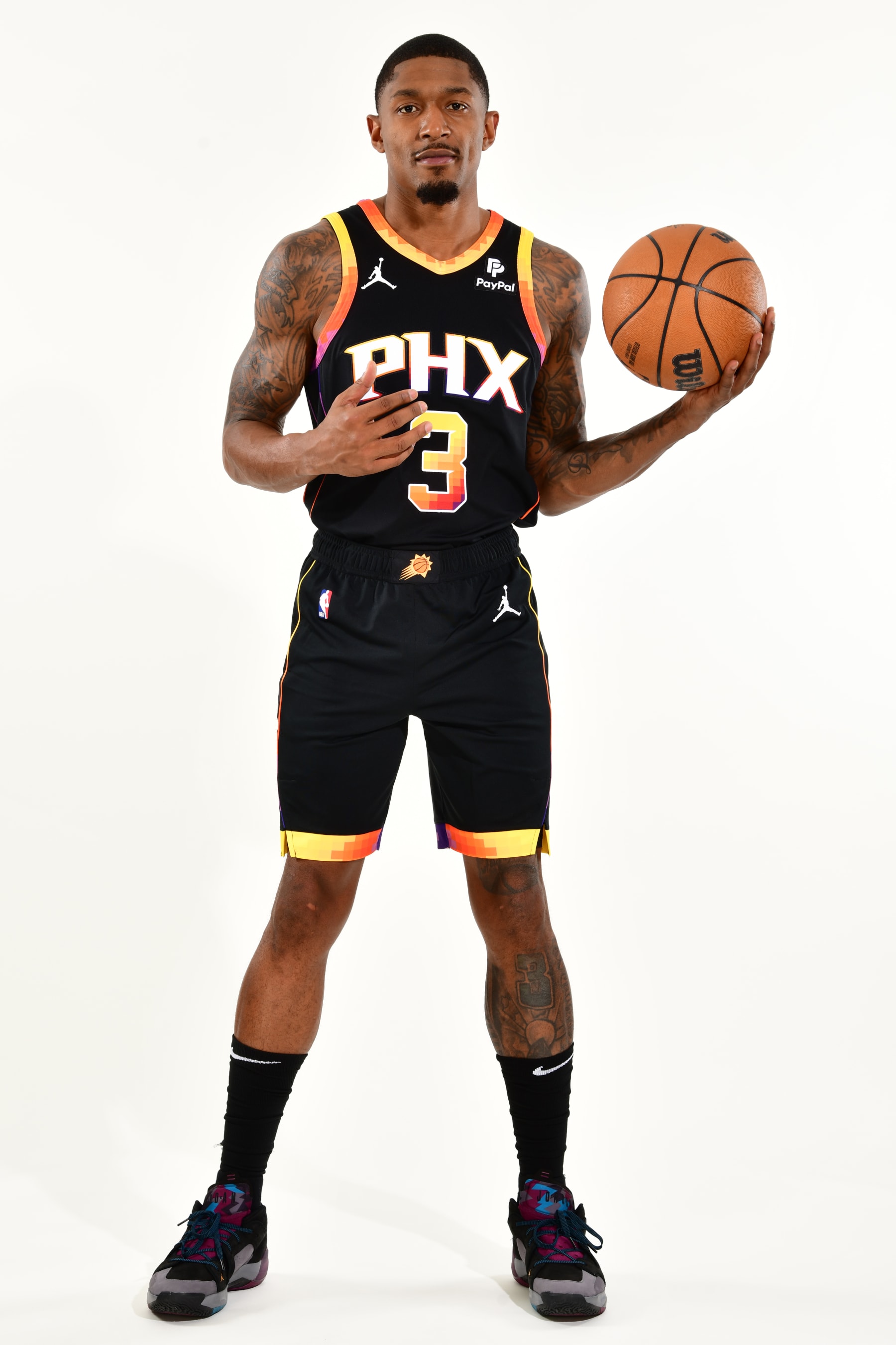 PHOENIX, AZ - JUNE 29:  Bradley Beal #3 of the Phoenix Suns poses for a portrait on June 29, 2023 at the Footprint Center in Phoenix, Arizona. NOTE TO USER: User expressly acknowledges and agrees that, by downloading and or using this Photograph, user is consenting to the terms and conditions of the Getty Images License Agreement. Mandatory Copyright Notice: Copyright 2023 NBAE (Photo by Barry Gossage / NBAE via Getty Images)