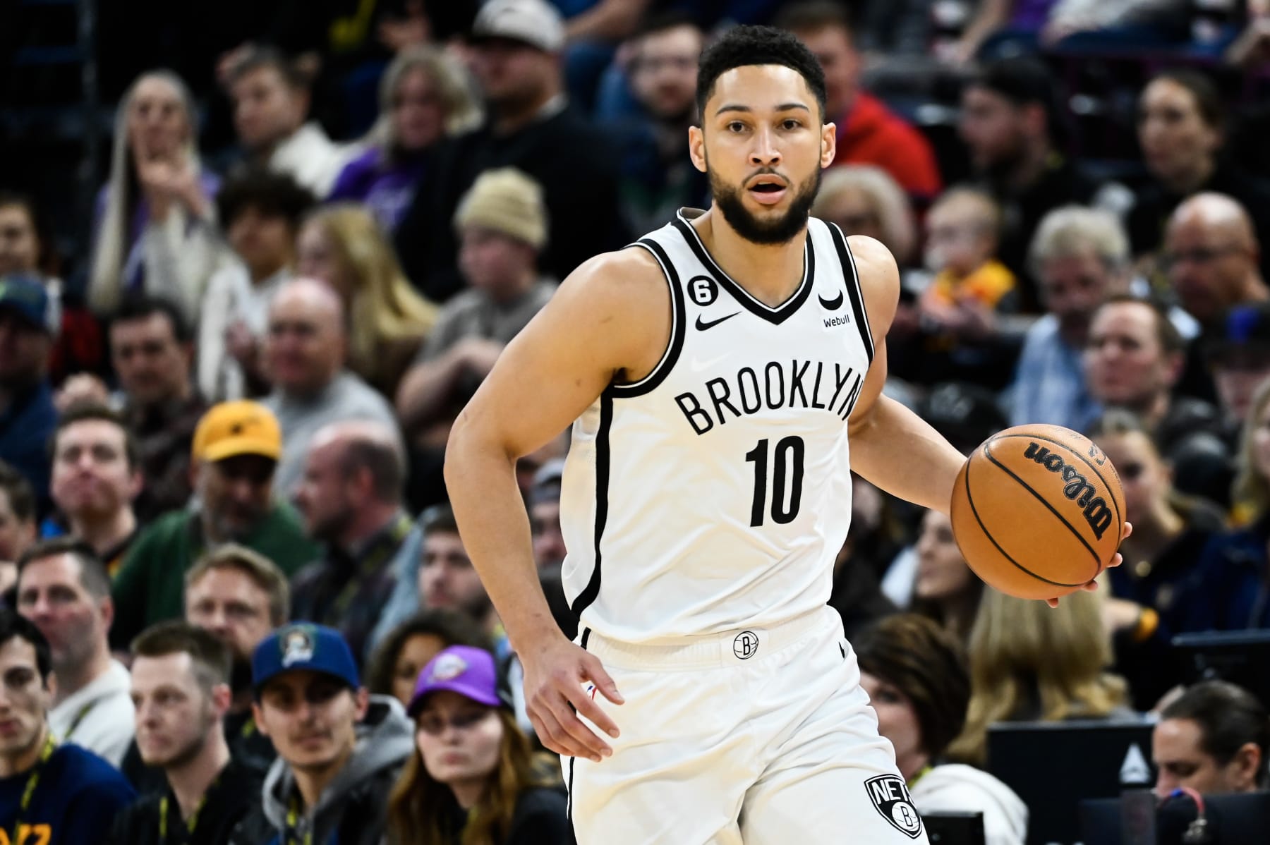 SALT LAKE CITY, UTAH - JANUARY 20: Ben Simmons #10 of the Brooklyn Nets in action during the first half of a game against the Utah Jazz at Vivint Arena on January 20, 2023 in Salt Lake City, Utah. NOTE TO USER: User expressly acknowledges and agrees that, by downloading and or using this photograph, User is consenting to the terms and conditions of the Getty Images License Agreement. (Photo by Alex Goodlett/Getty Images)
