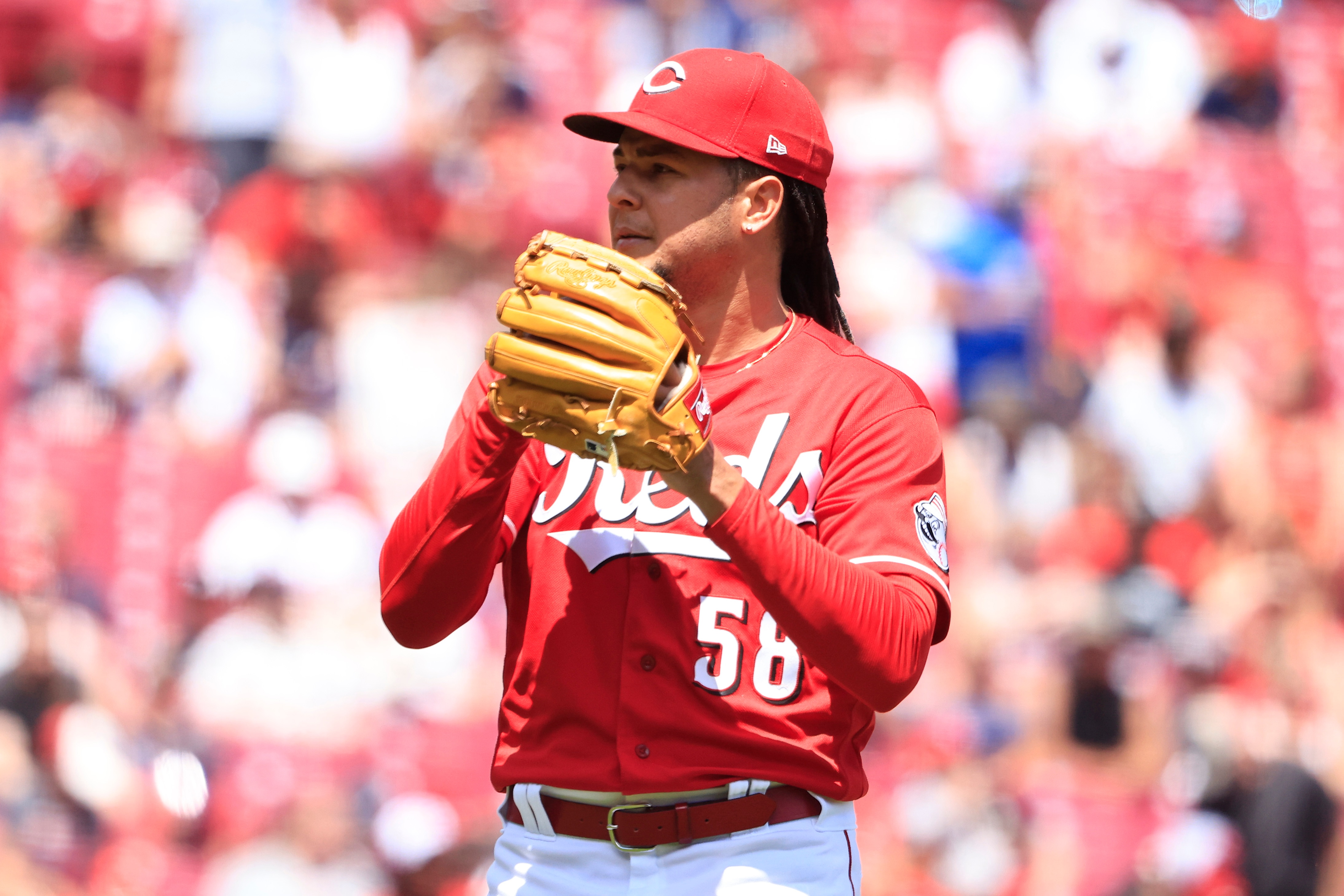 CINCINNATI, OHIO - JULY 03: Luis Castillo #58 of the Cincinnati Reds walks back to the dugout in the game against the Atlanta Braves at Great American Ball Park on July 03, 2022 in Cincinnati, Ohio. (Photo by Justin Casterline/Getty Images)