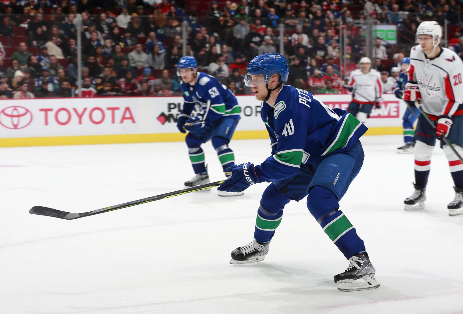VANCOUVER, CANADA - NOVEMBER 29: Elias Pettersson #40 of the Vancouver Canucks skates up ice during their NHL game against the Washington Capitals at Rogers Arena November 29, 2022 in Vancouver, British Columbia, Canada.  (Photo by Jeff Vinnick/NHLI via Getty Images)