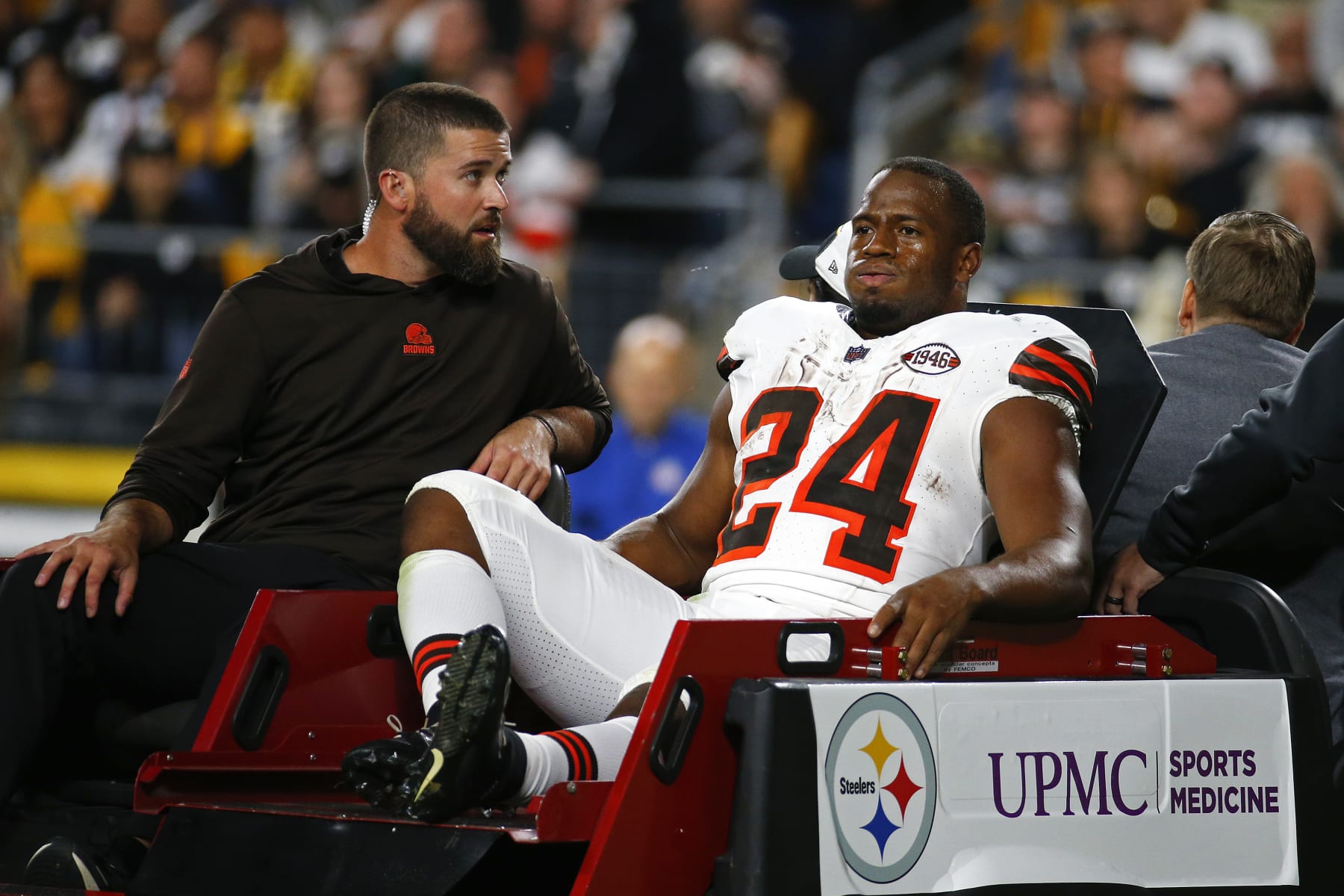 PITTSBURGH, PENNSYLVANIA - SEPTEMBER 18:  Nick Chubb #24 of the Cleveland Browns is carted off the field after sustaining a knee injury during the second quarter against the Pittsburgh Steelers at Acrisure Stadium on September 18, 2023 in Pittsburgh, Pennsylvania. (Photo by Justin K. Aller/Getty Images)