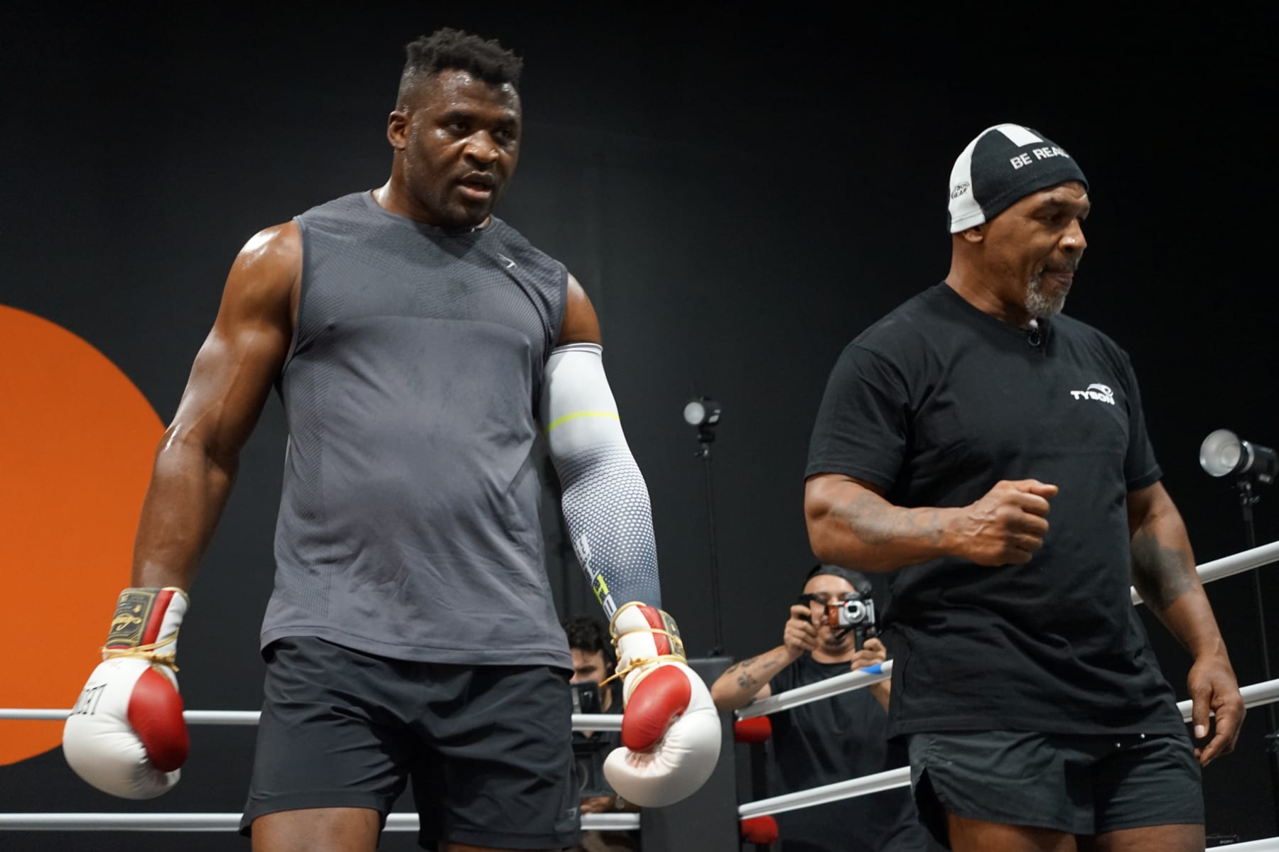 LAS VEGAS, NV - SEPTEMBER 26: Francis Ngannou trains with coach Mike Tyson at the Tyson Fury vs. Francis Ngannou open workout on September 26, 2023, at Ngannou's private gym in Las Vegas, NV. (Photo by Amy Kaplan/Icon Sportswire via Getty Images)