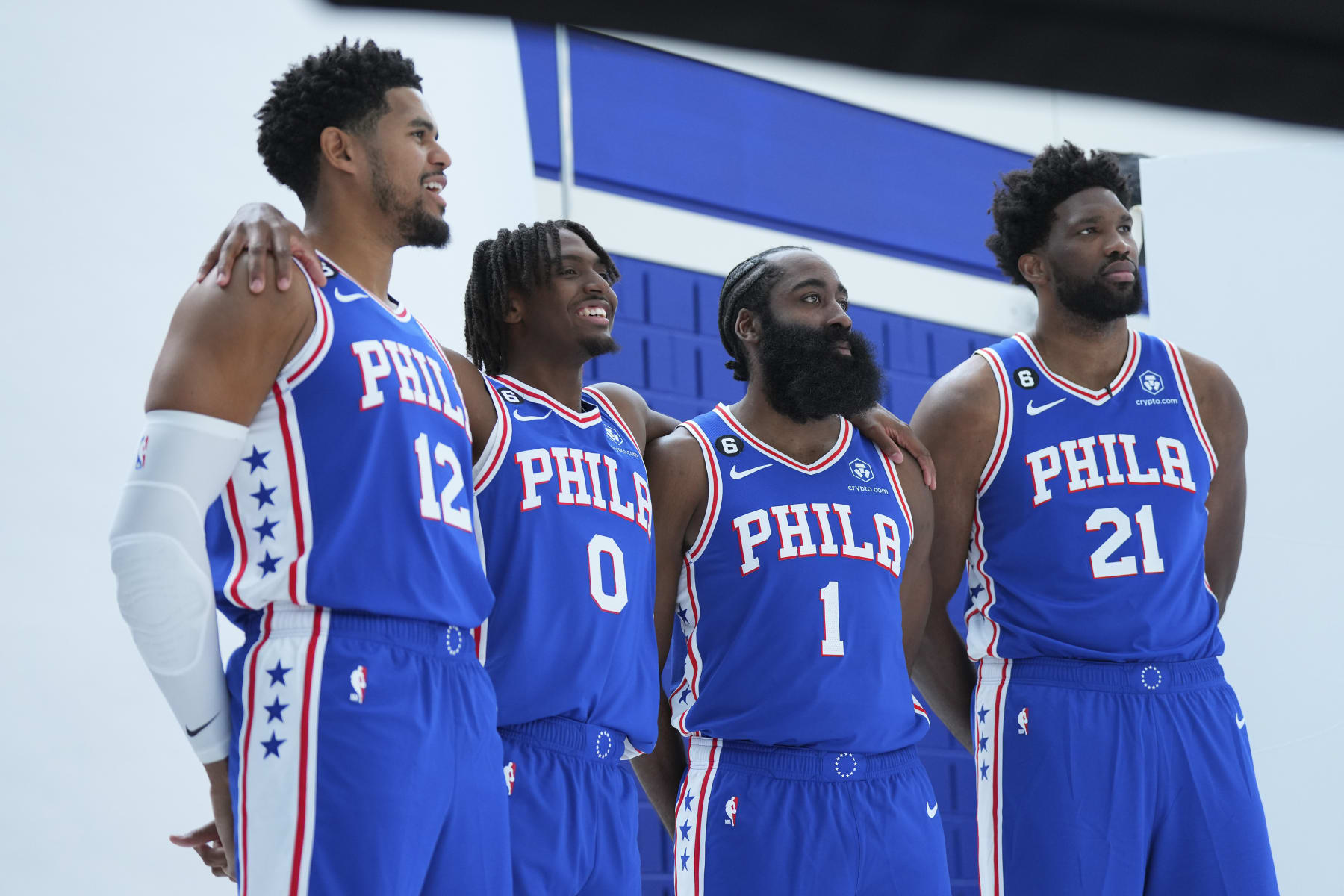 CAMDEN, NJ - SEPTEMBER 26: Tobias Harris #12, Tyrese Maxey #0, James Harden #1, and Joel Embiid #21 of the Philadelphia 76ers pose for a picture during media day at the 76ers Training Complex on September 26, 2022 in Camden, New Jersey. NOTE TO USER: User expressly acknowledges and agrees that, by downloading and or using this photograph, User is consenting to the terms and conditions of the Getty Images License Agreement. (Photo by Mitchell Leff/Getty Images)