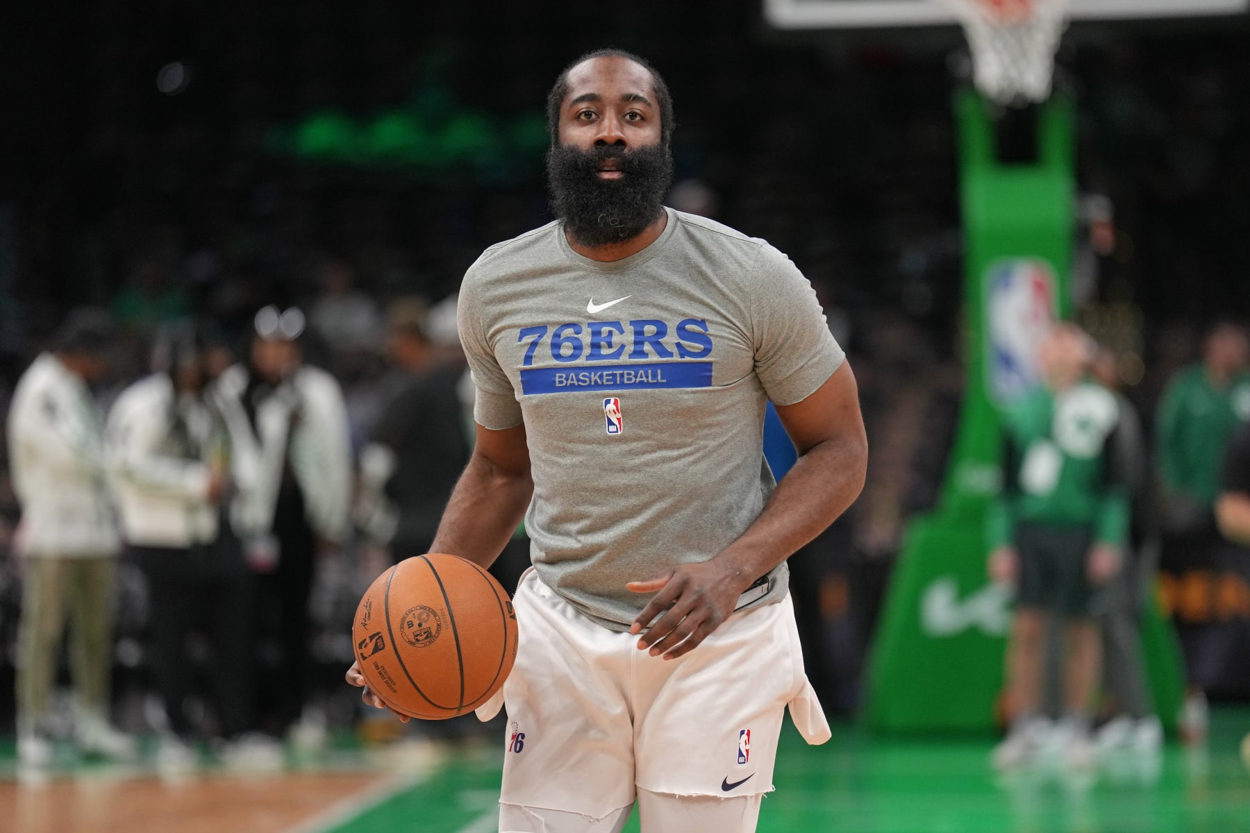 BOSTON, MA - MAY 9: James Harden #1 of the Philadelphia 76ers shoots the ball during pregame during Game 5 of the 2023 NBA Playoffs Eastern Conference semi-finals on May 9, 2023 at the TD Garden in Boston, Massachusetts. NOTE TO USER: User expressly acknowledges and agrees that, by downloading and or using this photograph, User is consenting to the terms and conditions of the Getty Images License Agreement. Mandatory Copyright Notice: Copyright 2023 NBAE  (Photo by Jesse D. Garrabrant/NBAE via Getty Images)