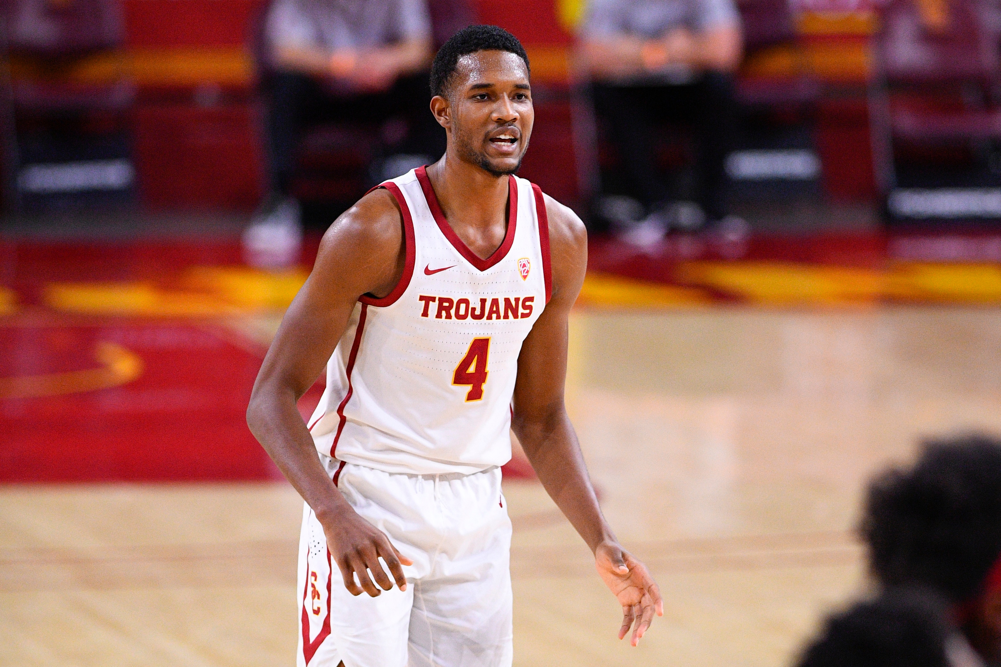 LOS ANGELES, CA - JANUARY 16: USC Trojans forward Evan Mobley (4) looks on during the college basketball game between the Washington State Cougars and the USC Trojans on January 16, 2021 at Galen Center in Los Angeles, CA. The game was played without fans due to the COVID-19 pandemic. (Photo by Brian Rothmuller/Icon Sportswire via Getty Images)