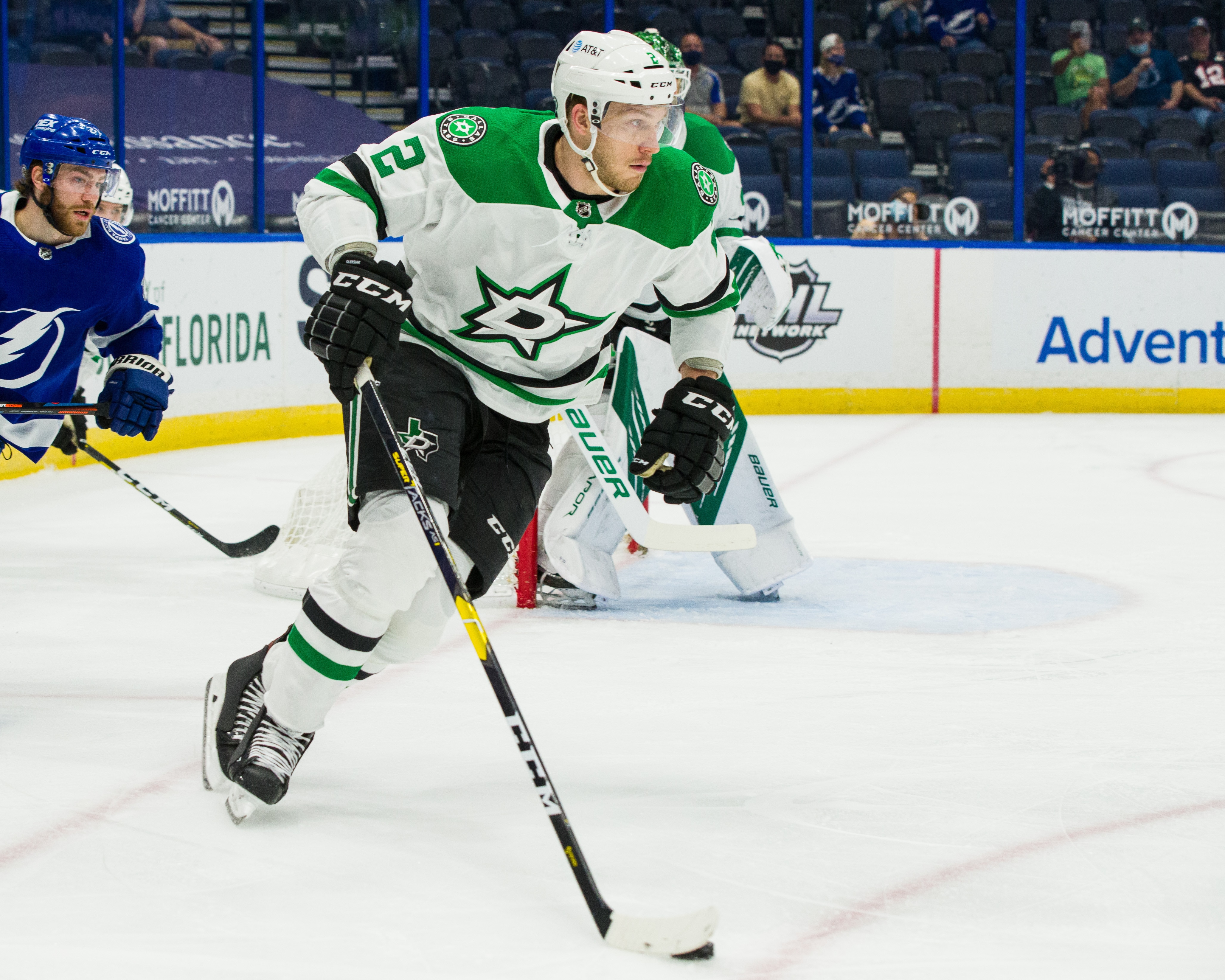 TAMPA, FL - MAY 5: Jamie Oleksiak #2 of the Dallas Stars during the first period against the Tampa Bay Lightning at Amalie Arena on May 5, 2021 in Tampa, Florida. (Photo by Scott Audette/NHLI via Getty Images)