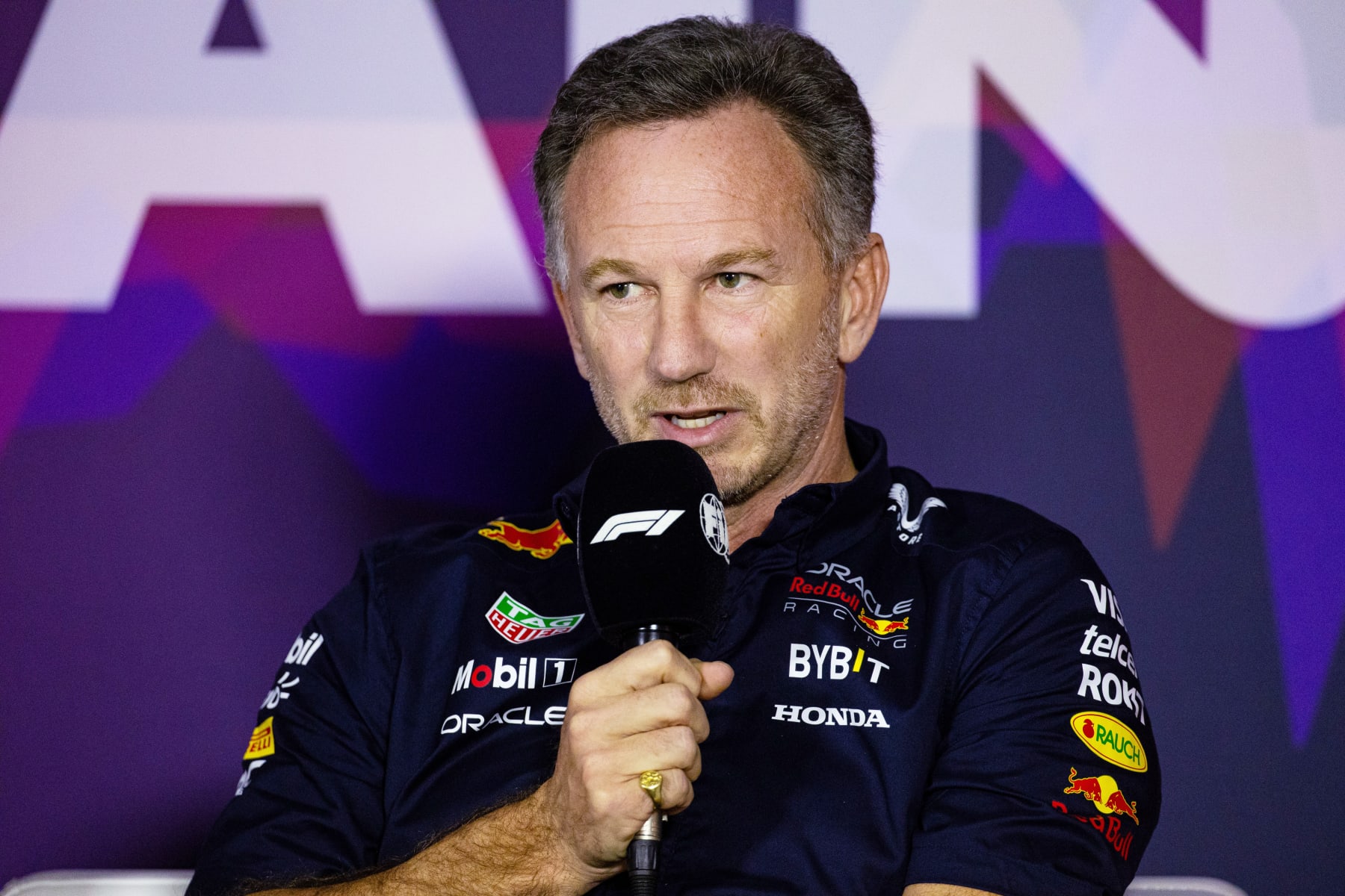 BAHRAIN, BAHRAIN - FEBRUARY 22: Red Bull Team Principal Christian Horner in the team principals press conference during day two of F1 Testing at Bahrain International Circuit on February 22, 2024 in Bahrain, Bahrain. (Photo by Kym Illman/Getty Images)