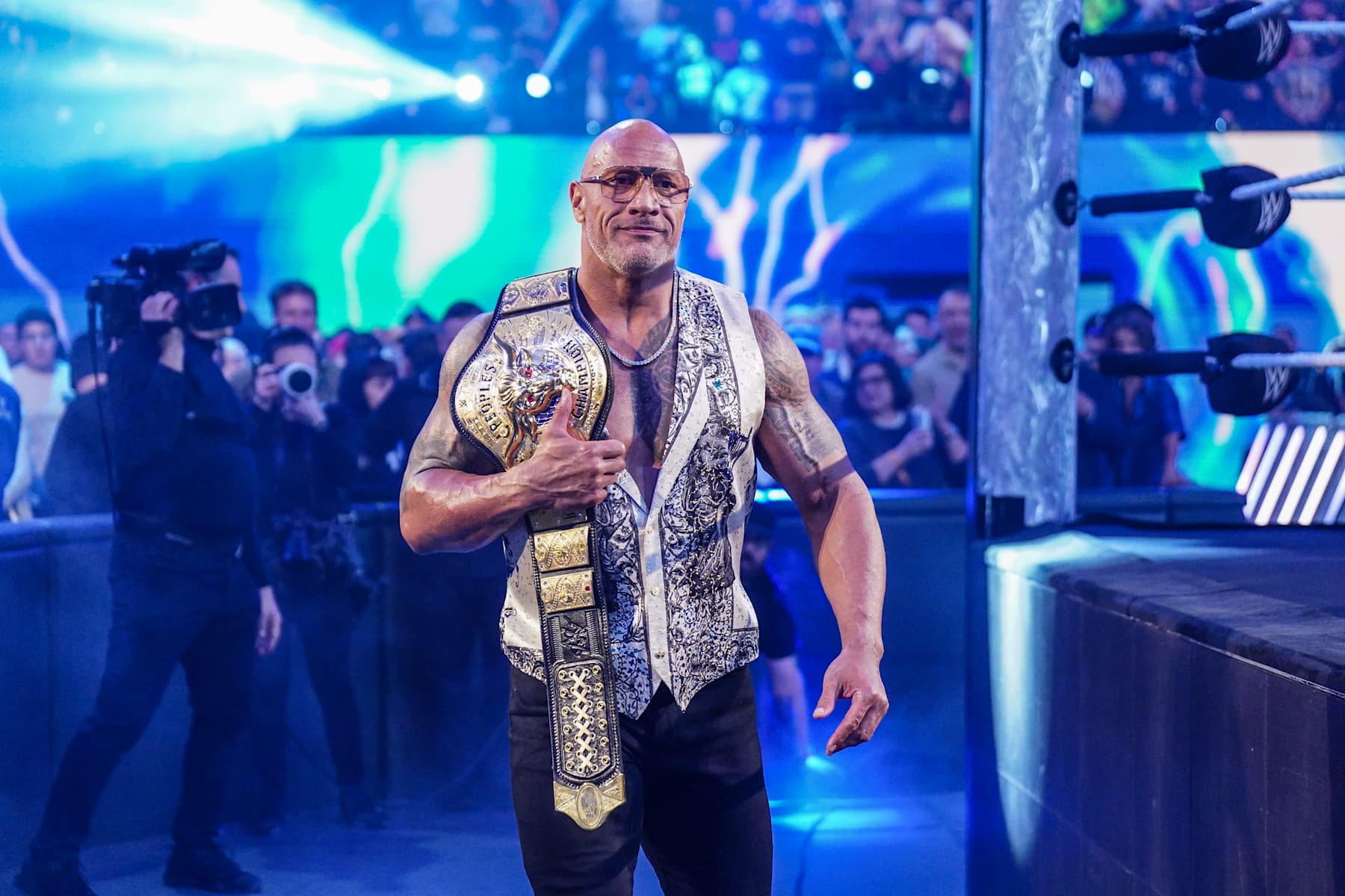 INGLEWOOD, CALIFORNIA - JANUARY 6: Dwayne "The Rock" Johnson makes his way to the ring during RAW at Intuit Dome on January 6, 2025 in Inglewood, California.  (Photo by WWE/Getty Images)