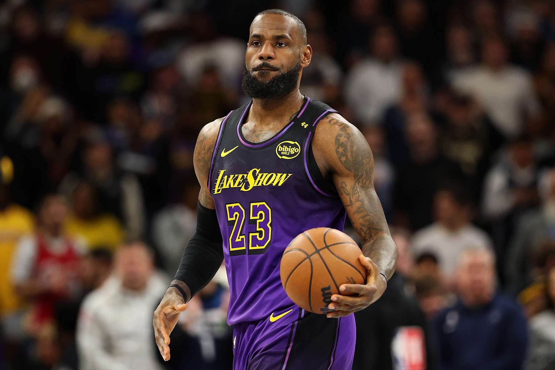 MINNEAPOLIS, MINNESOTA - DECEMBER 02: LeBron James #23 of the Los Angeles Lakers looks on against the Minnesota Timberwolves prior to the start of the first quarter at Target Center on December 02, 2024 in Minneapolis, Minnesota. NOTE TO USER: User expressly acknowledges and agrees that, by downloading and or using this photograph, User is consenting to the terms and conditions of the Getty Images License Agreement. (Photo by David Berding/Getty Images)