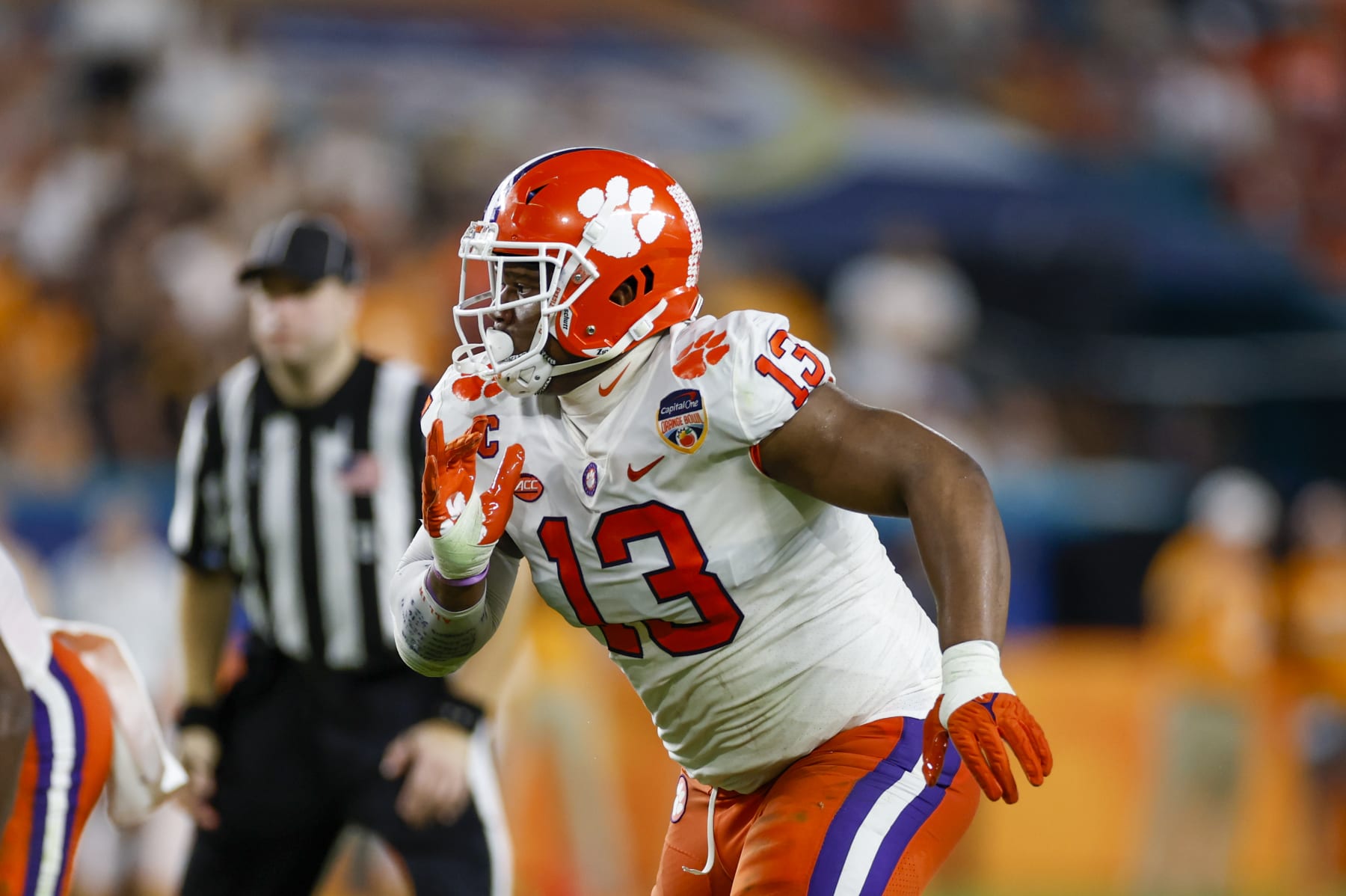 MIAMI GARDENS, FL - DECEMBER 30: Clemson Tigers defensive tackle Tyler Davis (13) during the Capital One Orange Bowl between the Tennessee Volunteers and the Clemson Tigers on December 30, 2022 at Hard Rock Stadium in Miami Gardens, Fl. (Photo by David Rosenblum/Icon Sportswire via Getty Images)