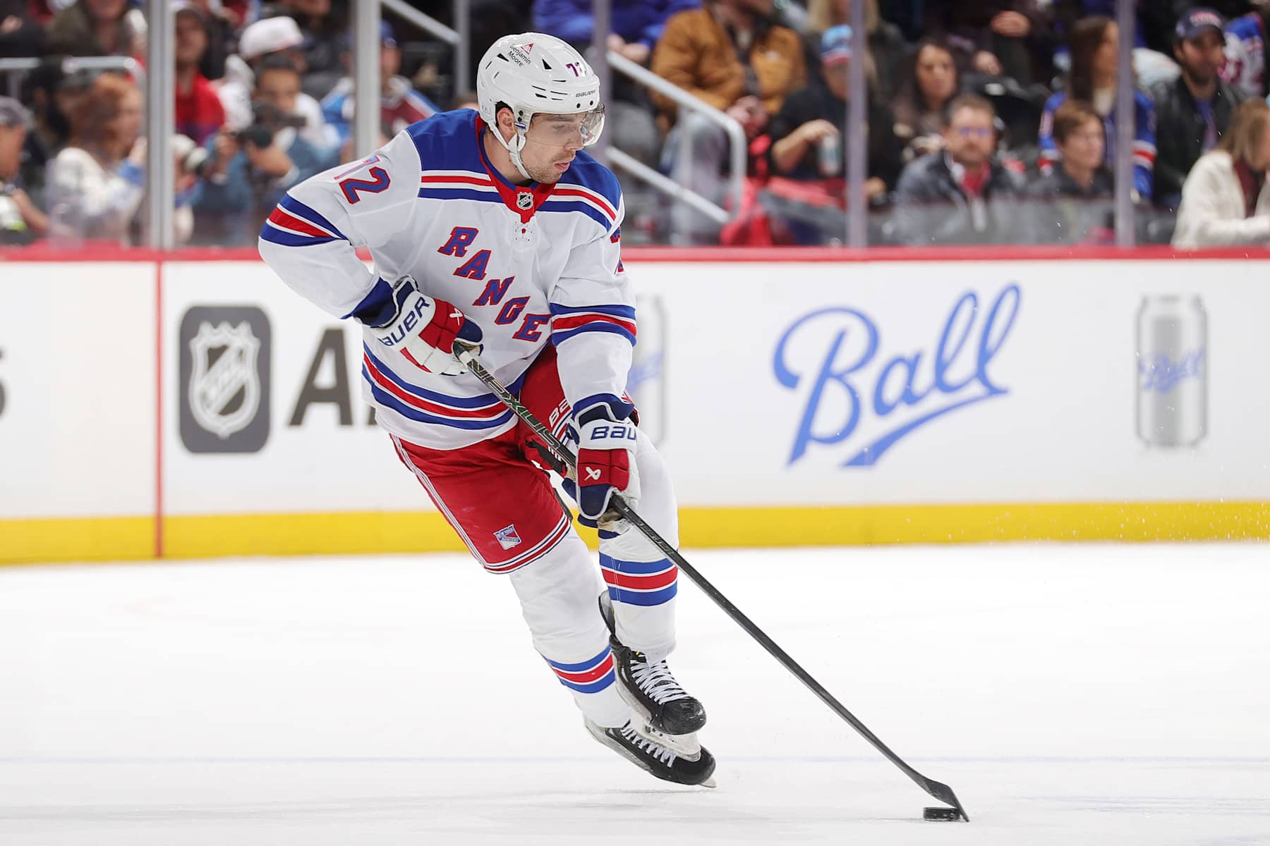 DENVER, COLORADO - JANUARY 14: Filip Chytil #72 of the New York Rangers skates against the Colorado Avalanche at Ball Arena on January 14, 2025 in Denver, Colorado. (Photo by Michael Martin/NHLI via Getty Images)