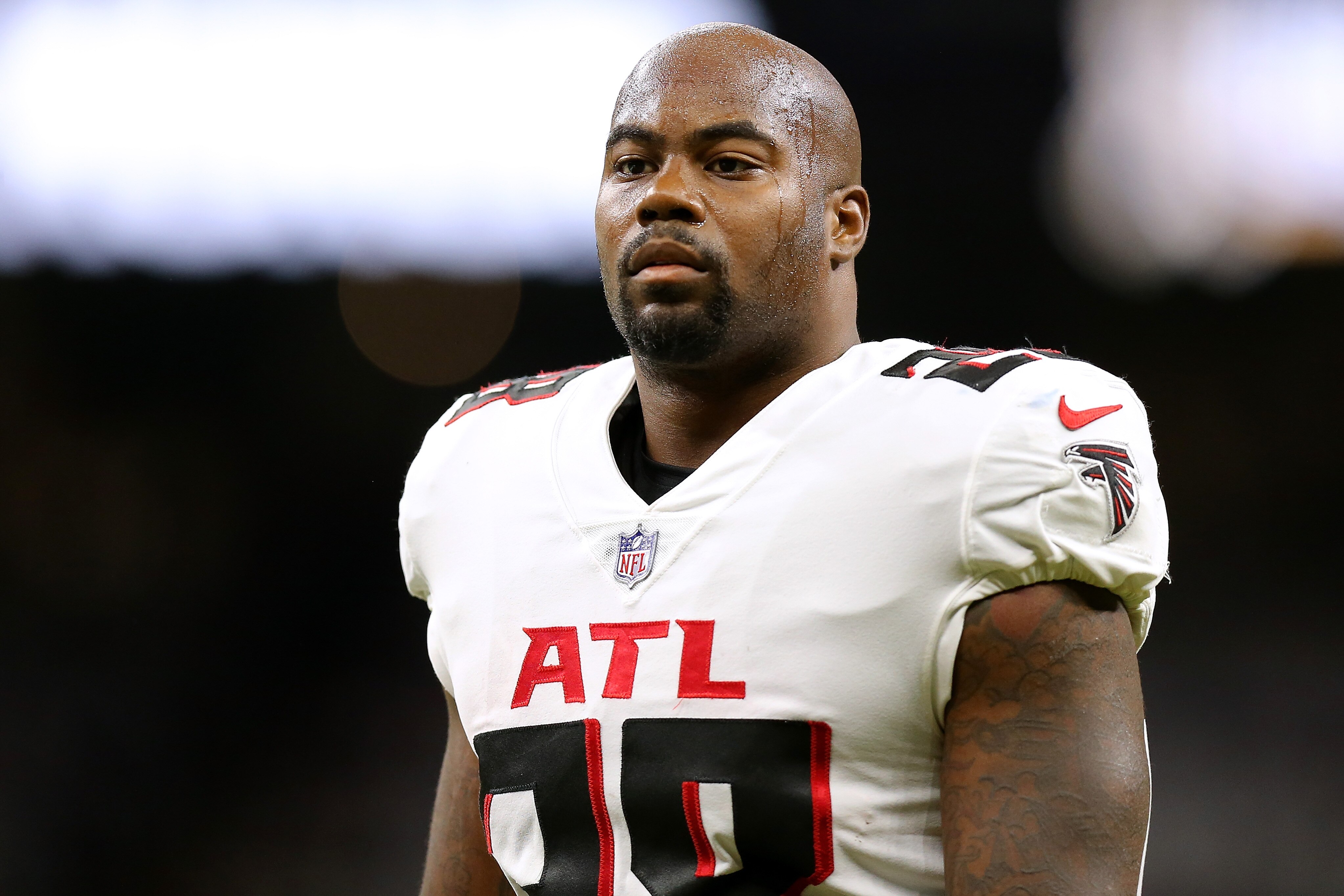 NEW ORLEANS, LOUISIANA - NOVEMBER 07: Mike Davis #28 of the Atlanta Falcons reacts against the New Orleans Saints during a game at the Caesars Superdome on November 07, 2021 in New Orleans, Louisiana. (Photo by Jonathan Bachman/Getty Images)