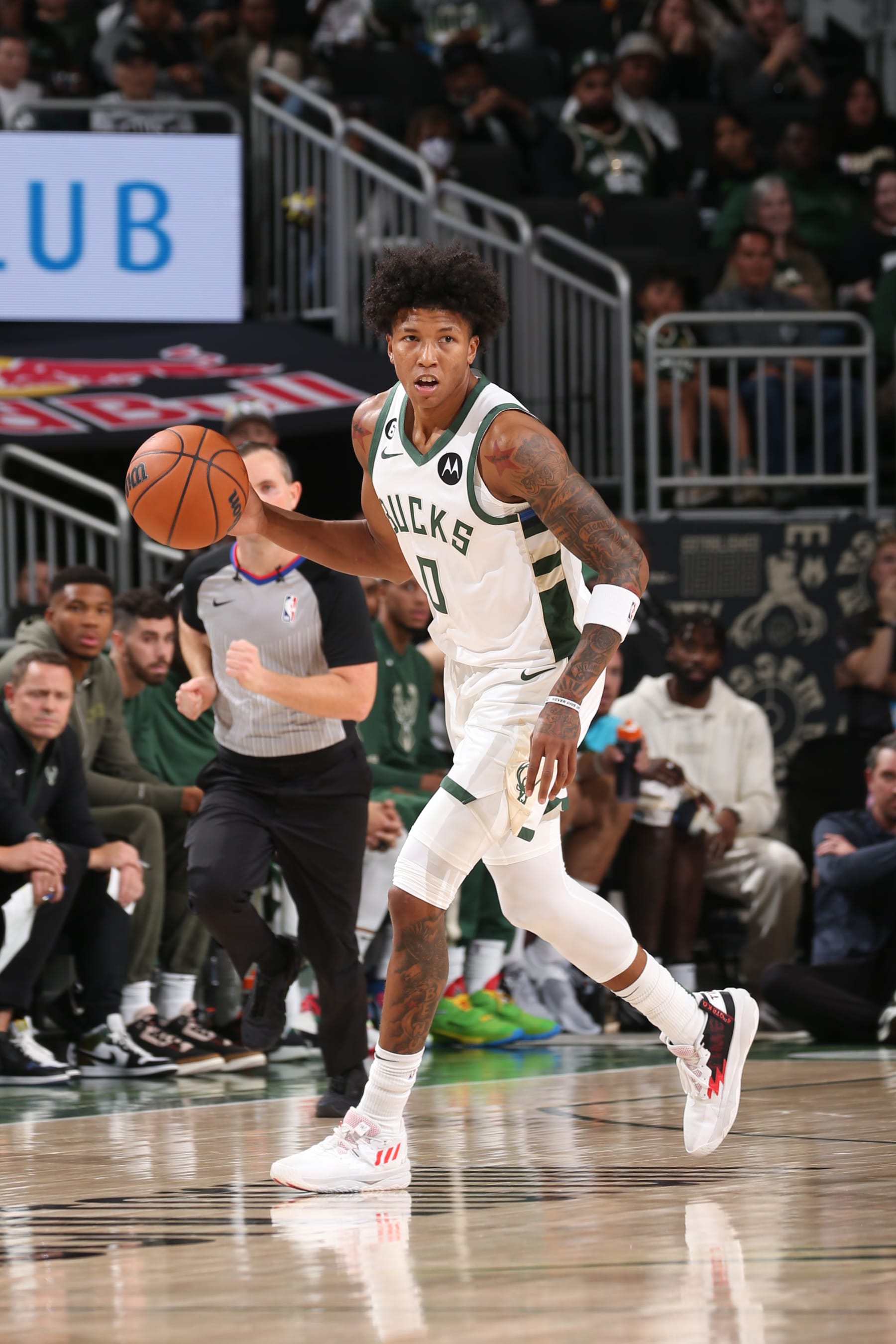 MILWAUKEE, WI - OCTOBER 1: MarJon Beauchamp #0 of the Milwaukee Bucks dribbles the ball during a preseason game on October 1, 2022 at the Fiserv Forum Center in Milwaukee, Wisconsin. NOTE TO USER: User expressly acknowledges and agrees that, by downloading and or using this Photograph, user is consenting to the terms and conditions of the Getty Images License Agreement. Mandatory Copyright Notice: Copyright 2022 NBAE (Photo by Gary Dineen/NBAE via Getty Images).