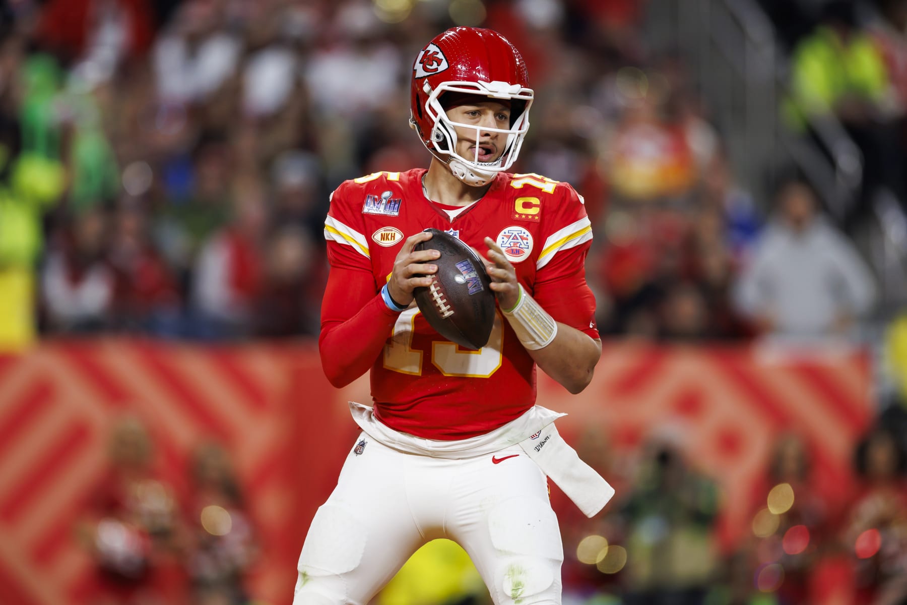 LAS VEGAS, NEVADA - FEBRUARY 11: Patrick Mahomes #15 of the Kansas City Chiefs drops back and looks to throw a pass during Super Bowl LVIII against the San Francisco 49ers at Allegiant Stadium on February 11, 2024 in Las Vegas, Nevada. (Photo by Ryan Kang/Getty Images)