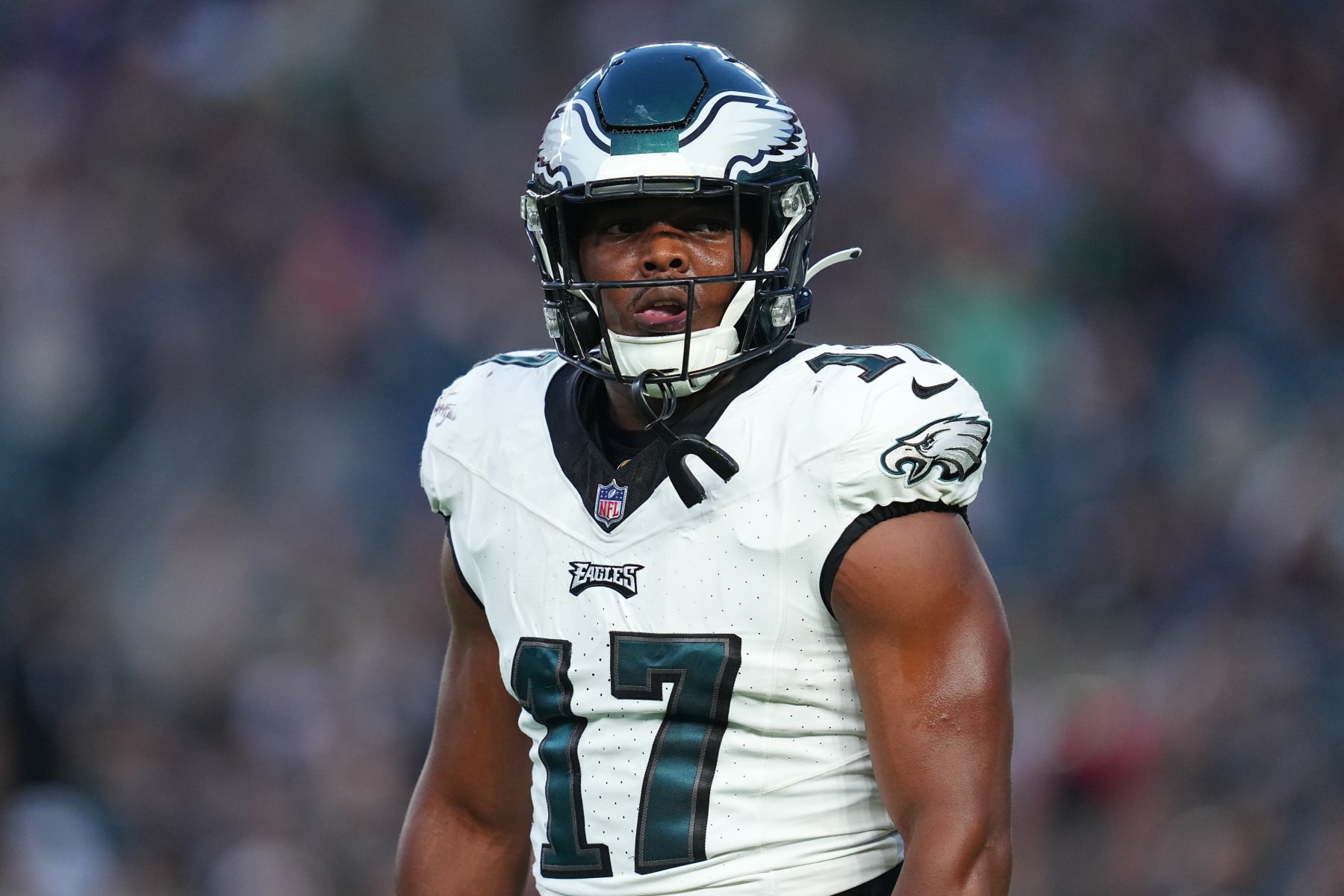 PHILADELPHIA, PENNSYLVANIA - AUGUST 17: Nakobe Dean #17 of the Philadelphia Eagles reacts against the Cleveland Browns in the first half of the preseason game at Lincoln Financial Field on August 17, 2023 in Philadelphia, Pennsylvania. (Photo by Mitchell Leff/Getty Images)