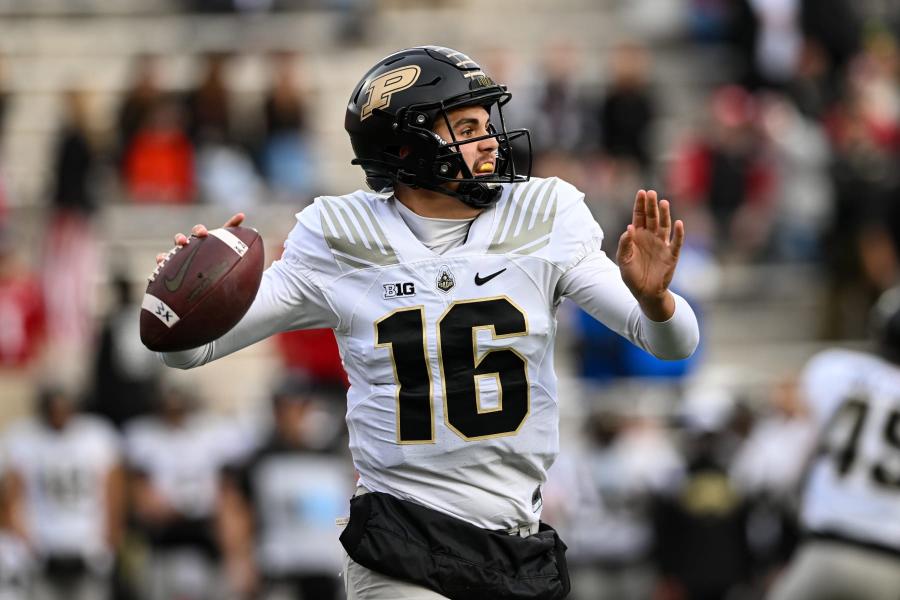 BLOOMINGTON, IN - NOVEMBER 26: Purdue QB Aidan O'Connell (16) throws a pass during a college football game between the Purdue Boilermakers and Indiana Hoosiers on November 26, 2022 at Memorial Stadium in Indianapolis, Indiana. (Photo by James Black/Icon Sportswire via Getty Images)