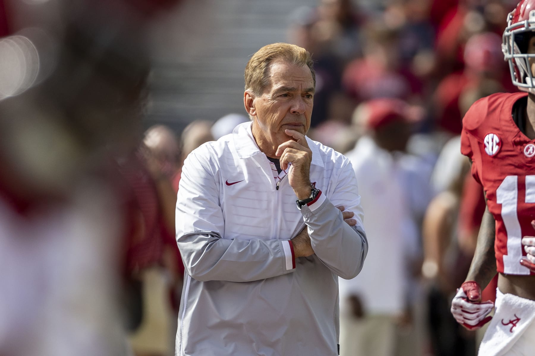 Alabama head coach Nick Saban watches warm-ups before an NCAA college football game against Tennessee, Saturday, Oct. 21, 2023, in Tuscaloosa, Ala. (AP Photo/Vasha Hunt)