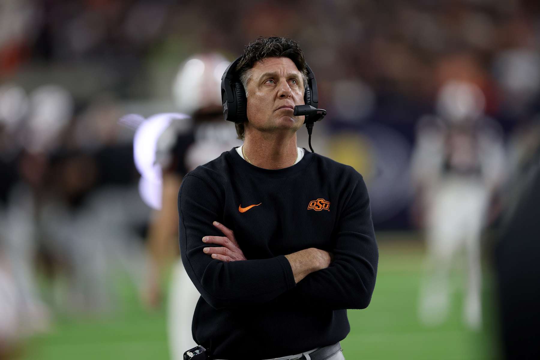 HOUSTON, TEXAS - DECEMBER 27: Head coach Mike Gundy of the Oklahoma State Cowboys reacts on the sideline in the second half against the Texas A&M Aggies during the TaxAct Texas Bowl at NRG Stadium on December 27, 2023 in Houston, Texas. (Photo by Tim Warner/Getty Images)
