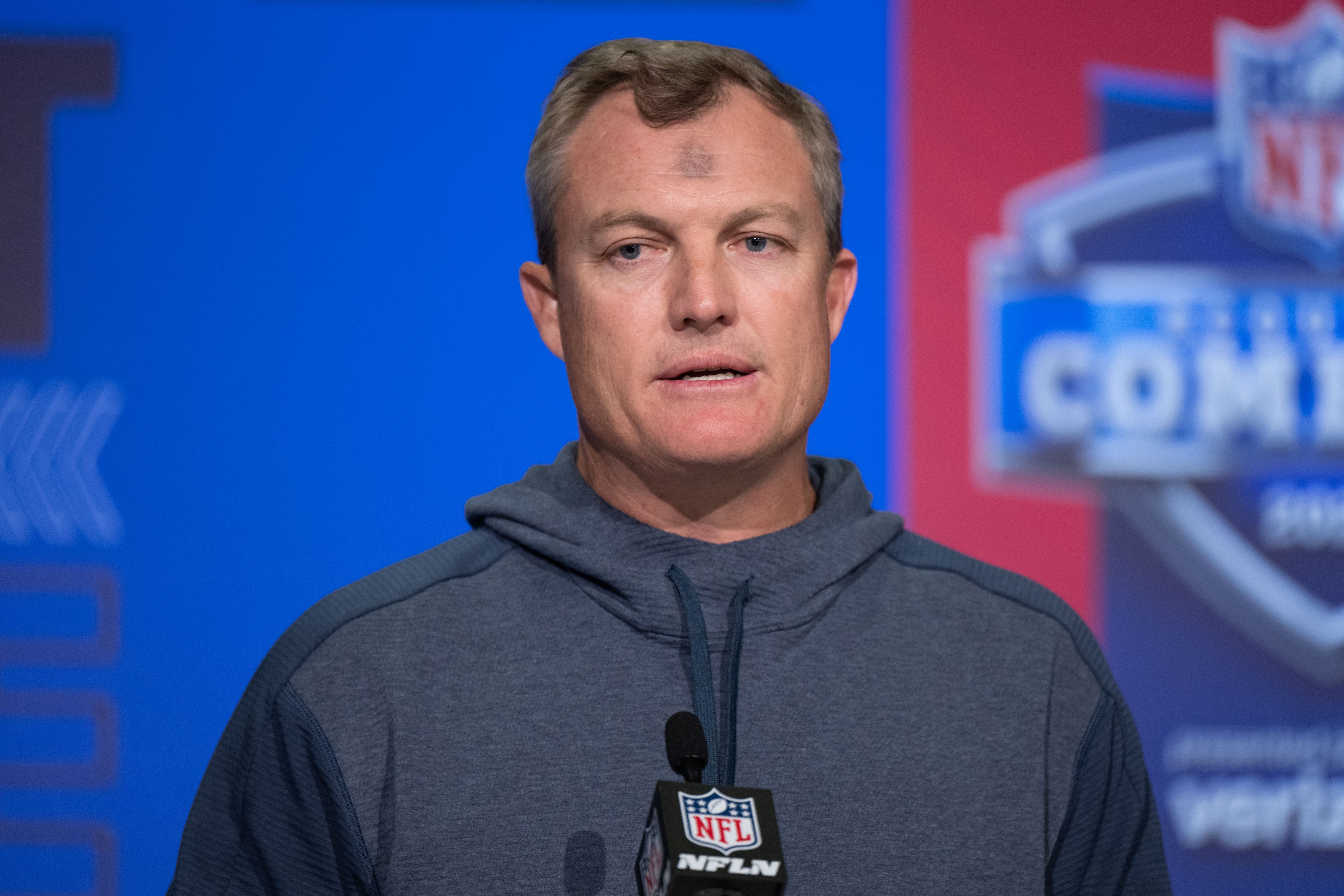 INDIANAPOLIS, IN - MARCH 02: San Francisco 49ers general manager John Lynch answers questions from the media during the NFL Scouting Combine on March 2, 2022, at the Indiana Convention Center in Indianapolis, IN. (Photo by Zach Bolinger/Icon Sportswire via Getty Images)
