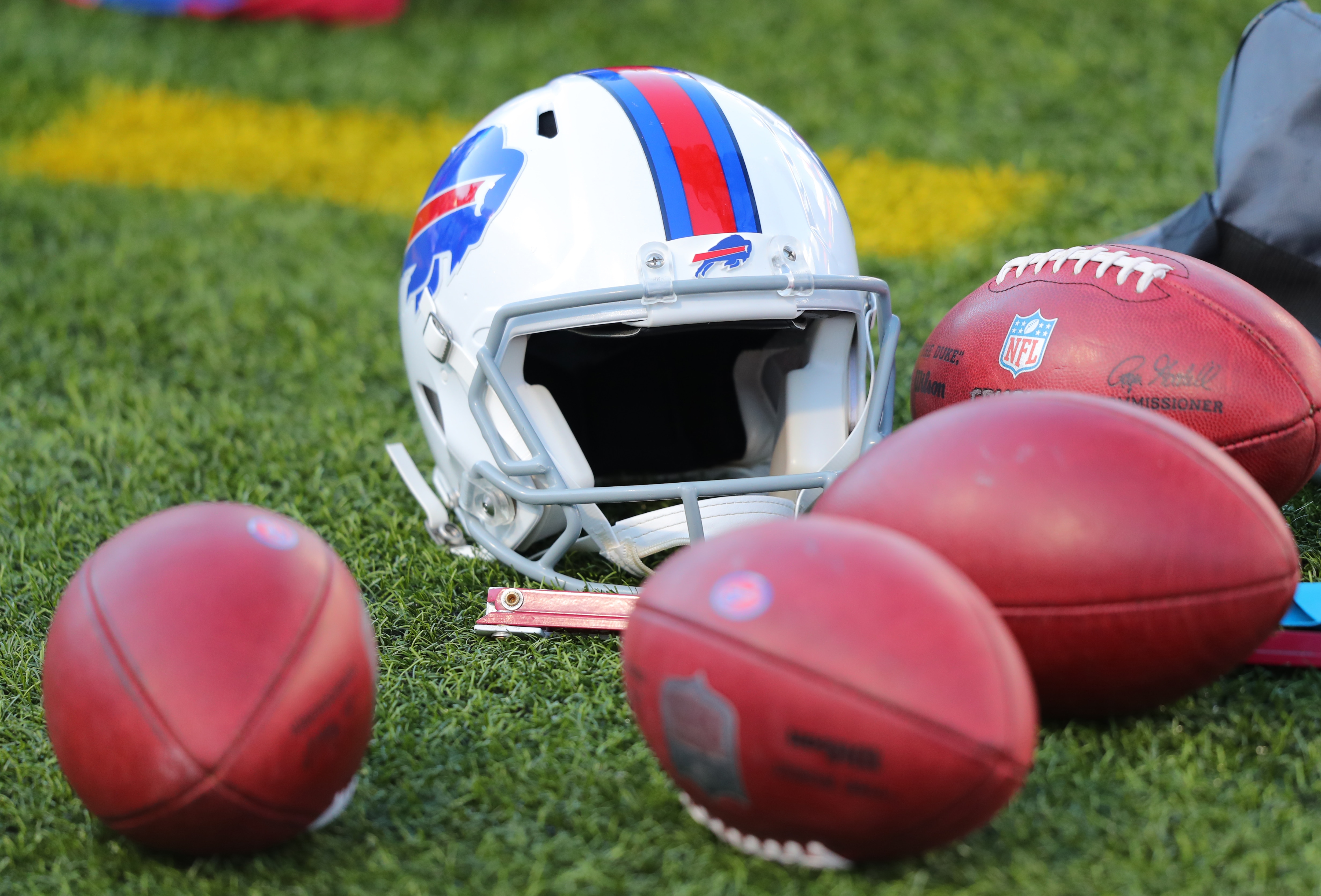 ORCHARD PARK, NY - NOVEMBER 08: A general view of a helmet worn by a Buffalo Bills player against the Seattle Seahawks at Bills Stadium on November 8, 2020 in Orchard Park, New York. (Photo by Timothy T Ludwig/Getty Images)