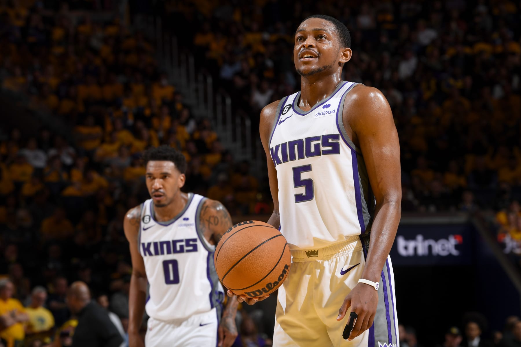 SAN FRANCISCO, CA - APRIL 28: De'Aaron Fox #5 of the Sacramento Kings prepares to shoot a free throw during the game against the Golden State Warriors during Round 1 Game 6 of the 2023 NBA Playoffs on April 28, 2023 at Chase Center in San Francisco, California. NOTE TO USER: User expressly acknowledges and agrees that, by downloading and or using this photograph, user is consenting to the terms and conditions of Getty Images License Agreement. Mandatory Copyright Notice: Copyright 2023 NBAE (Photo by Noah Graham/NBAE via Getty Images)