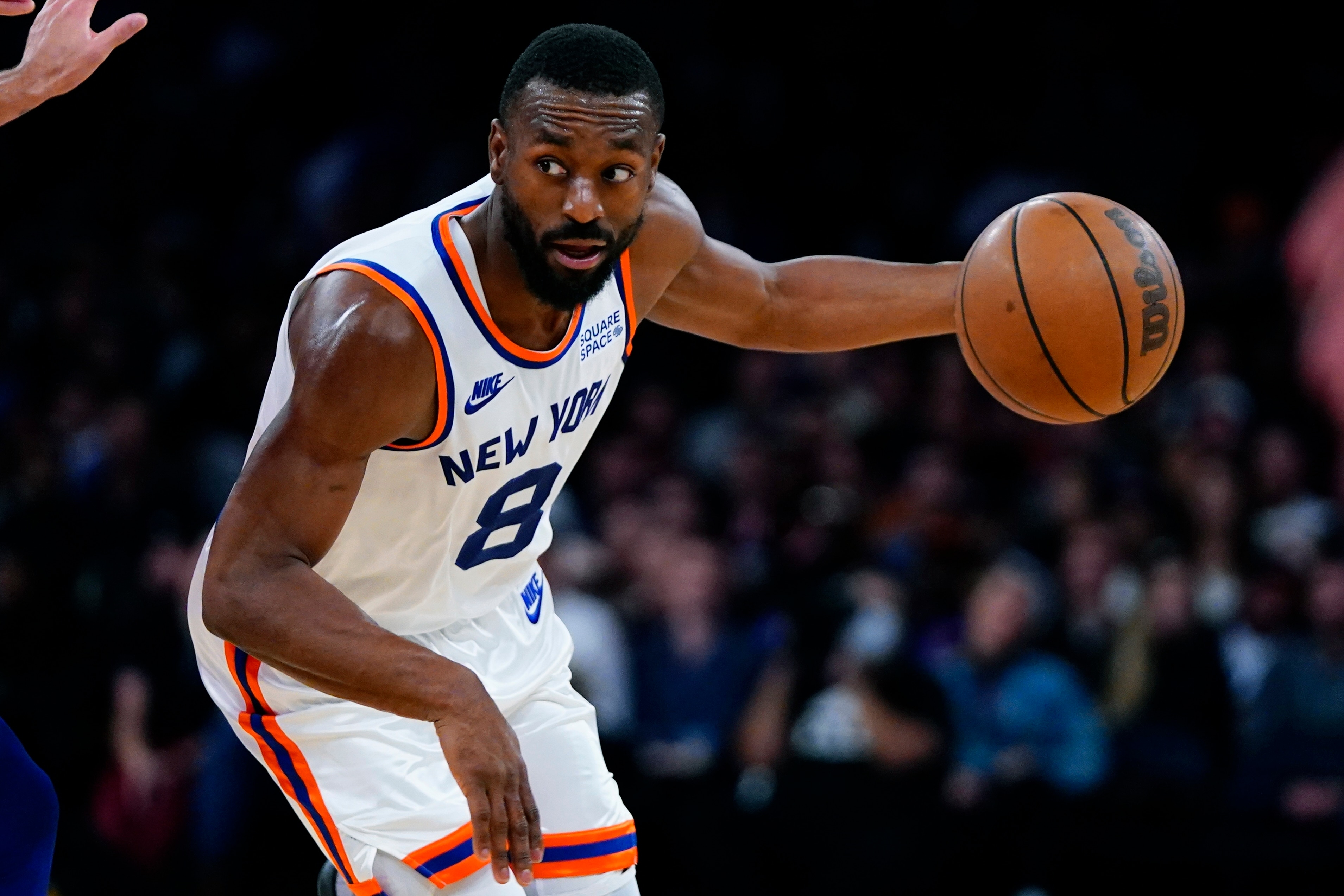 New York Knicks' Kemba Walker (8) drives toward the basket during the second half of an NBA basketball game against the Philadelphia 76ers Tuesday, Oct. 26, 2021, in New York. The Knicks won 112-99. (AP Photo/Frank Franklin II)