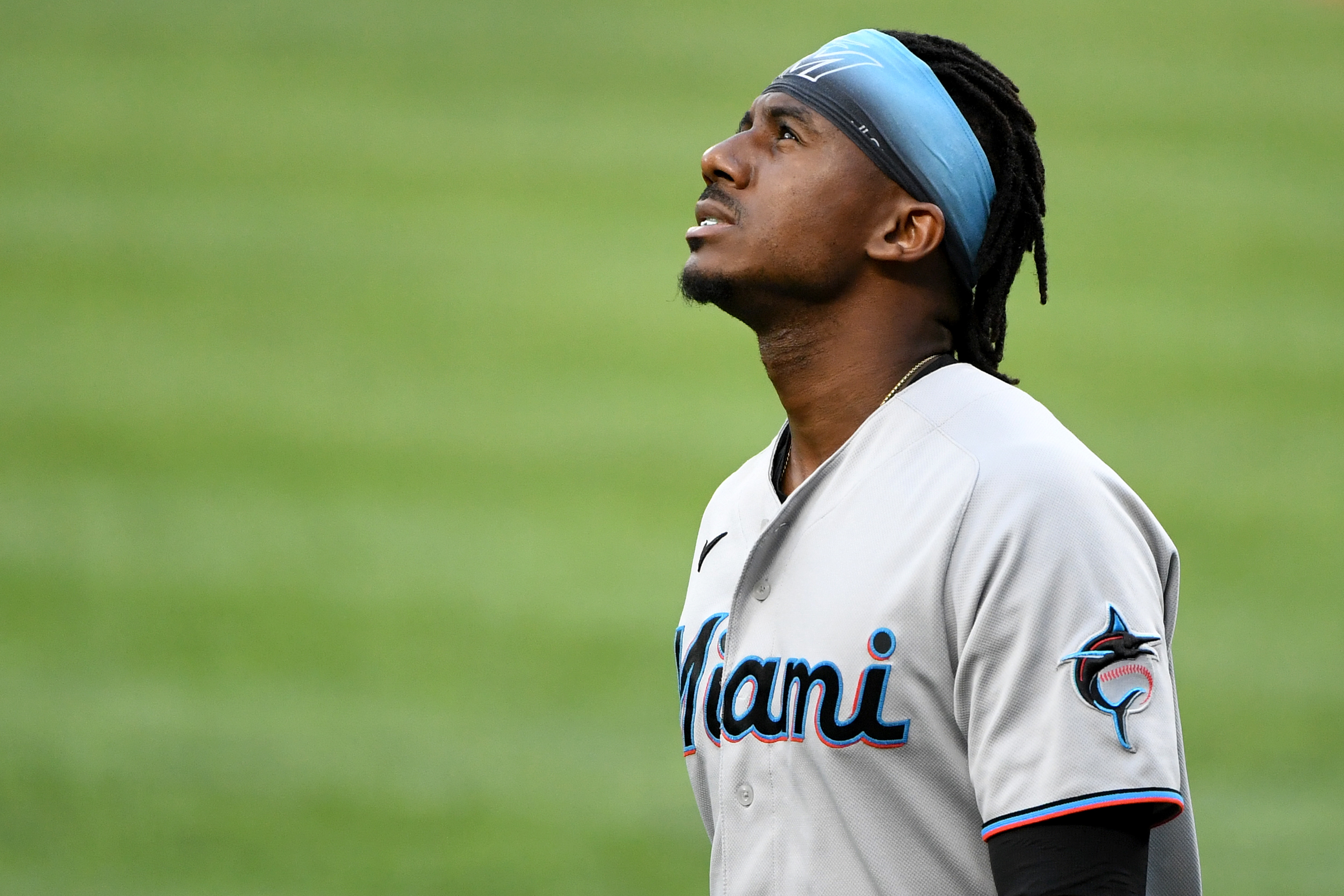 BALTIMORE, MARYLAND - JULY 28: Lewis Brinson #25 of the Miami Marlins looks on after a play against the Baltimore Orioles at Oriole Park at Camden Yards on July 28, 2021 in Baltimore, Maryland. (Photo by Will Newton/Getty Images)