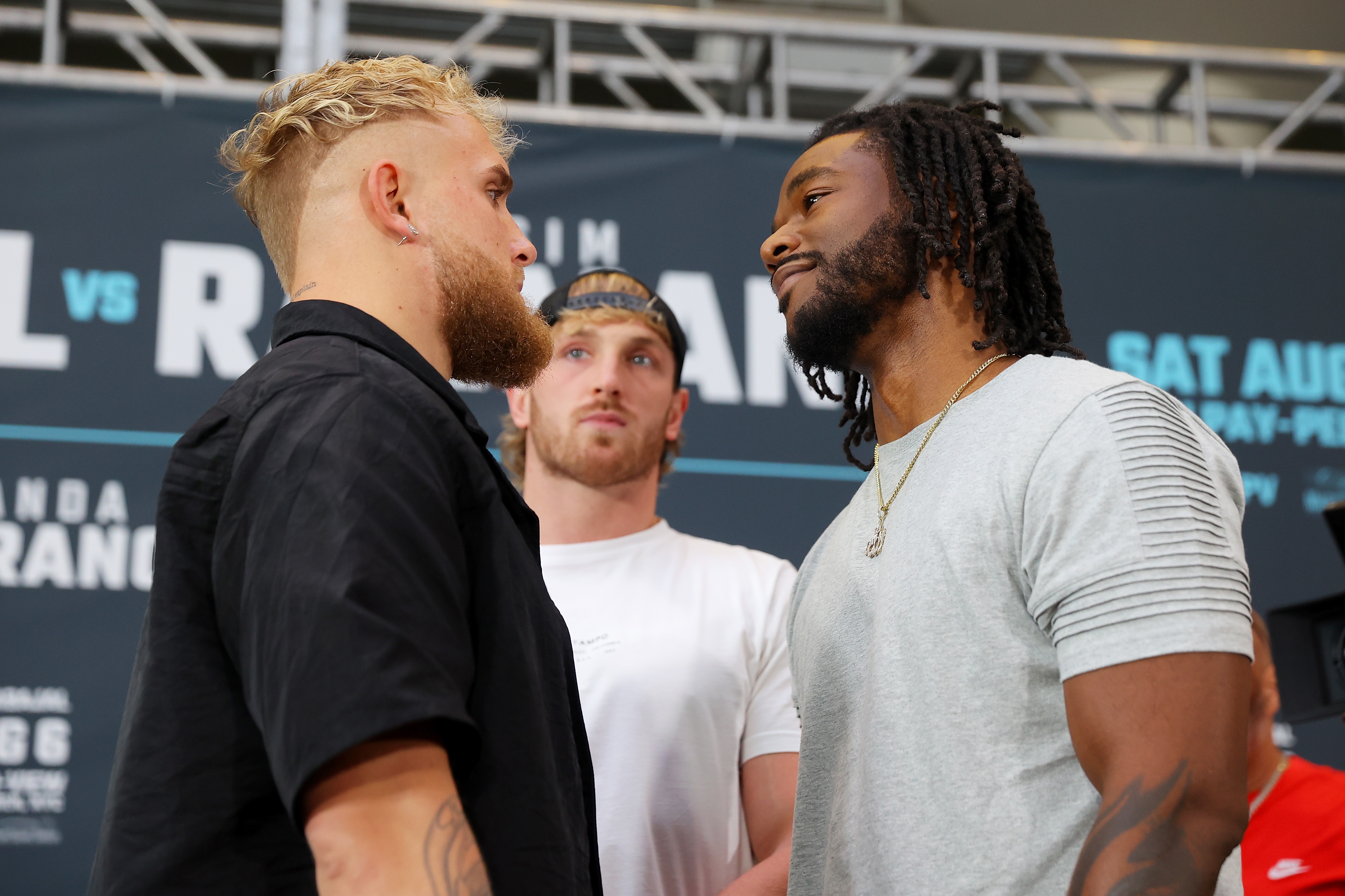 NEW YORK, NEW YORK - JULY 12: Jake Paul and Hasim Rahman face-off during a press conference at Madison Square Garden on July 12, 2022 in New York City. (Photo by Mike Stobe/Getty Images)