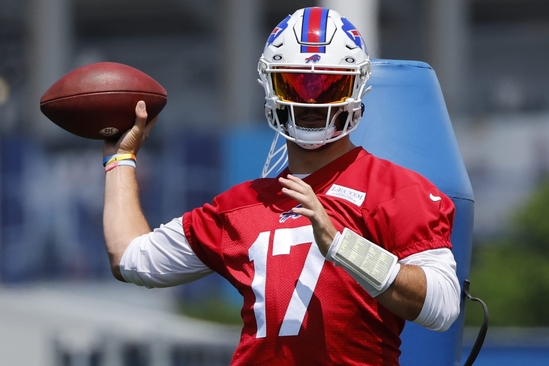Buffalo Bills Quarterback Josh Allen (17) throws a pass during an NFL football Mandatory Minicamp practice in Orchard Park, N.Y., Tuesday June 13, 2023. (AP Photo/Jeffrey T. Barnes) Buffalo Bills Quarterback Josh Allen (17) throws a pass during an NFL football Mandatory Minicamp practice in Orchard Park, N.Y., Tuesday June 13, 2023. (AP Photo/Jeffrey T. Barnes)
