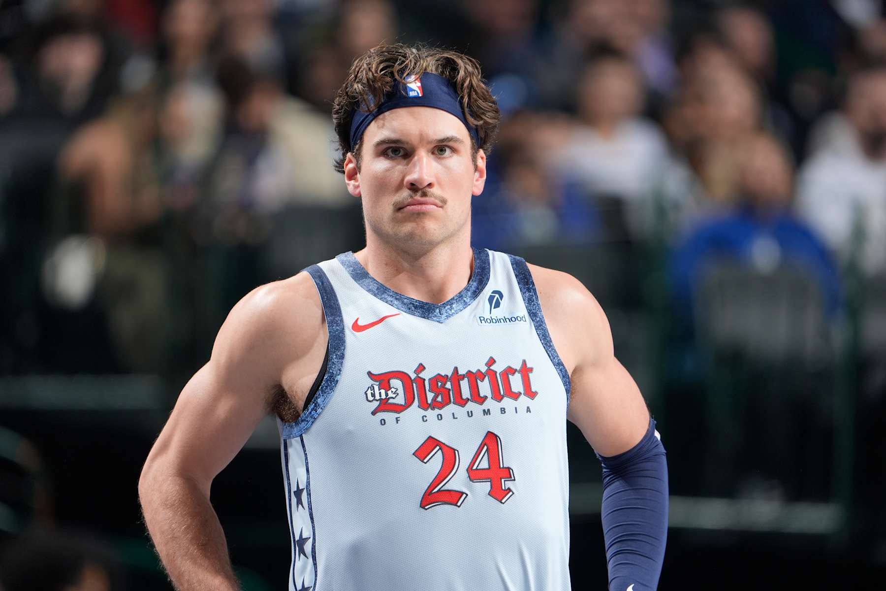 DALLAS, TX - JANUARY 27:  Corey Kispert #24 of the Washington Wizards looks on during the game against the Dallas Mavericks on January 27, 2025 at American Airlines Center in Dallas, Texas. NOTE TO USER: User expressly acknowledges and agrees that, by downloading and or using this photograph, User is consenting to the terms and conditions of the Getty Images License Agreement. Mandatory Copyright Notice: Copyright 2025 NBAE (Photo by Glenn James/NBAE via Getty Images)