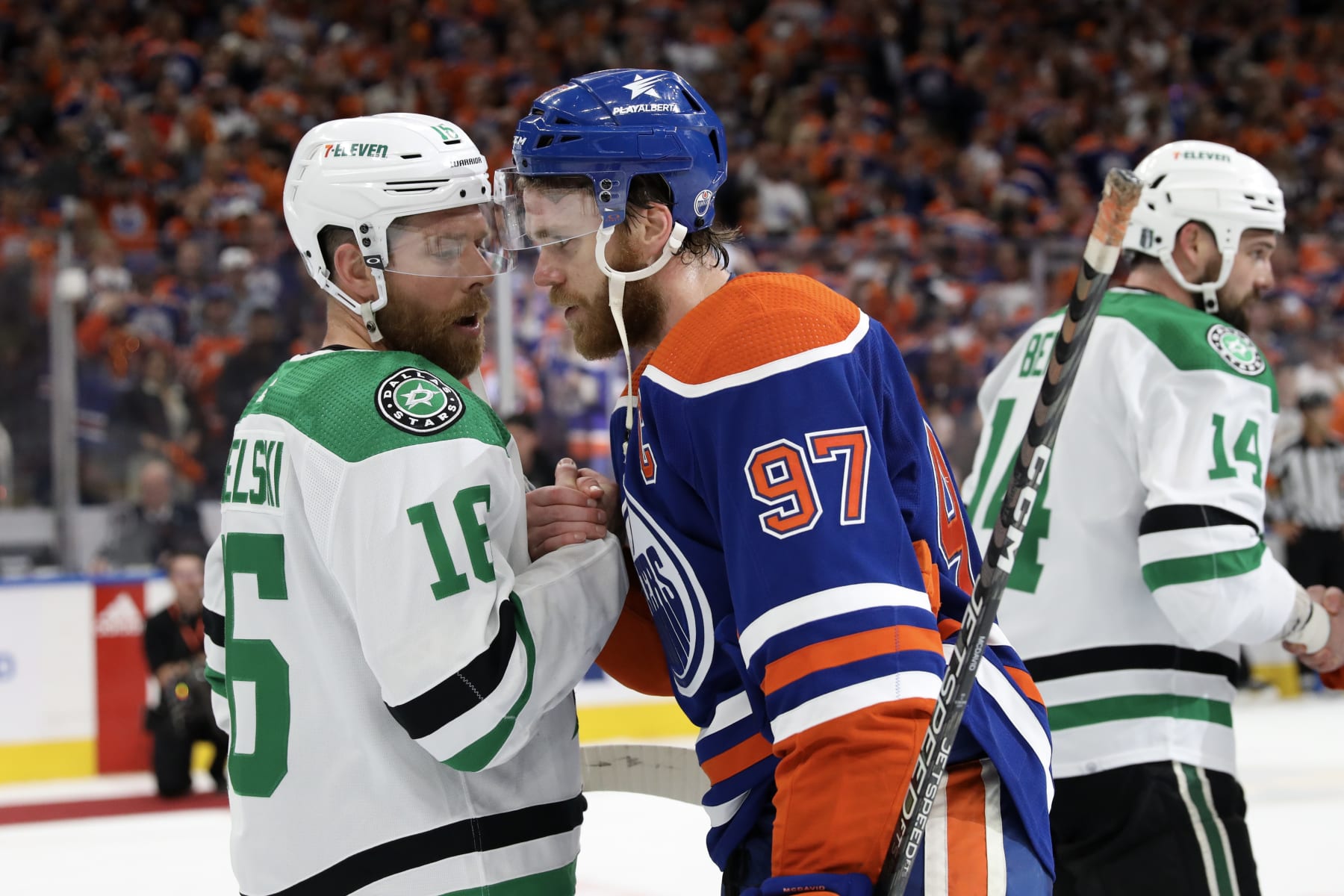 EDMONTON, CANADA - JUNE 02: Connor McDavid #97 of the Edmonton Oilers shakes hands with Joe Pavelski #16 of the Dallas Stars after Edmonton beat Dallas 2-1 in Game Six of the Western Conference Final of the 2024 Stanley Cup Playoffs at Rogers Place on June 02, 2024 in Edmonton, Alberta, Canada. (Photo by Codie McLachlan/Getty Images)