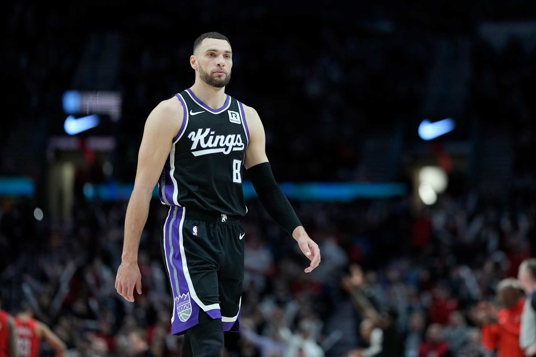 PORTLAND, OREGON - FEBRUARY 06: Zach LaVine #8 of the Sacramento Kings looks on during the second half against the Portland Trail Blazers at Moda Center on February 06, 2025 in Portland, Oregon. NOTE TO USER: User expressly acknowledges and agrees that, by downloading and or using this photograph, User is consenting to the terms and conditions of the Getty Images License Agreement.  (Photo by Soobum Im/Getty Images)