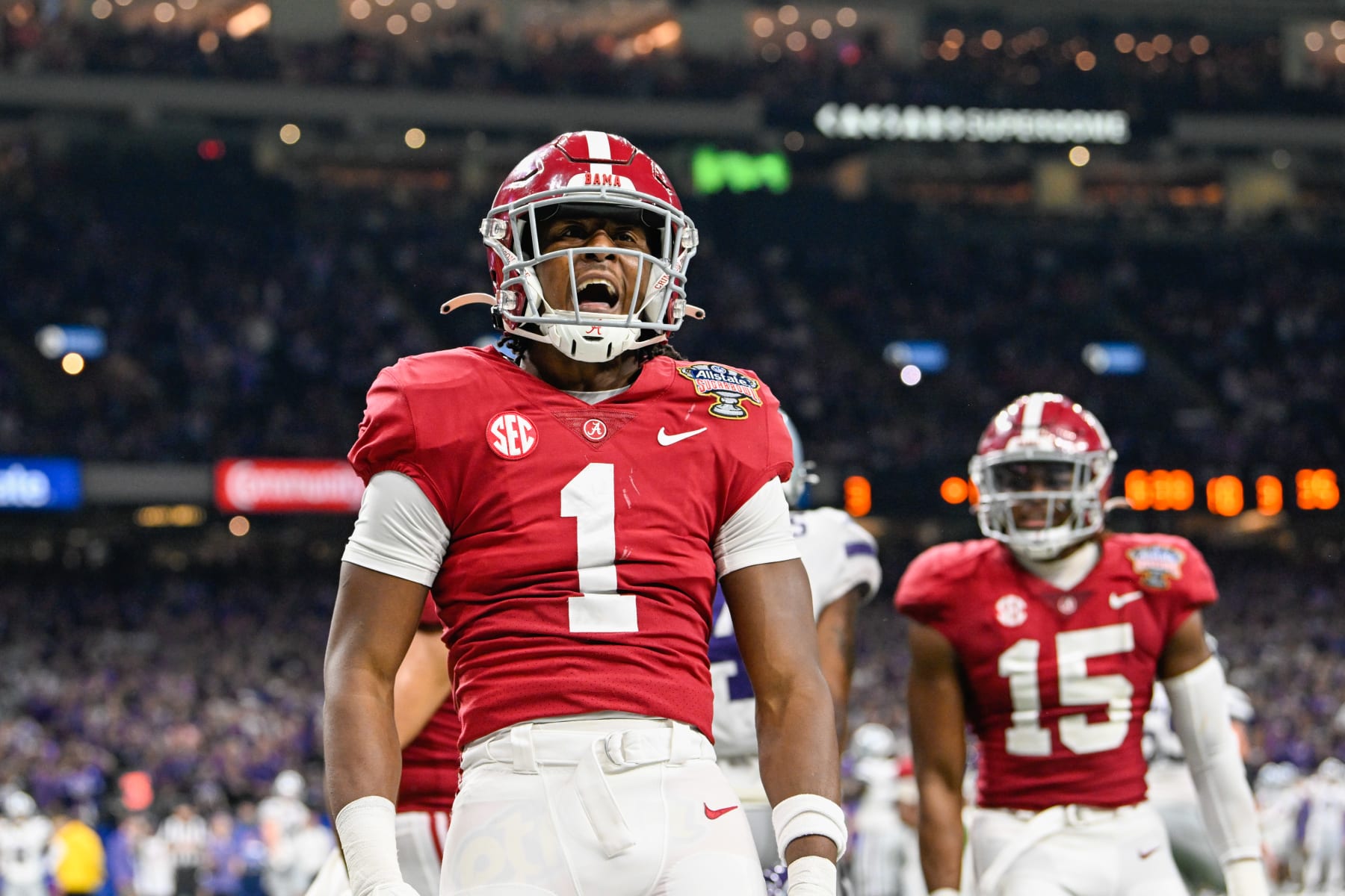 NEW ORLEANS, LA - DECEMBER 31: Alabama Crimson Tide defensive back Kool-Aid McKinstry (1) celebrates a big pass breakup in the endzone during the Sugar Bowl between the Alabama Crimson Tide and Kansas State Wildcats at Caesars Superdome on December 31, 2022 in New Orleans, LA. (Photo by Ken Murray/Icon Sportswire via Getty Images)