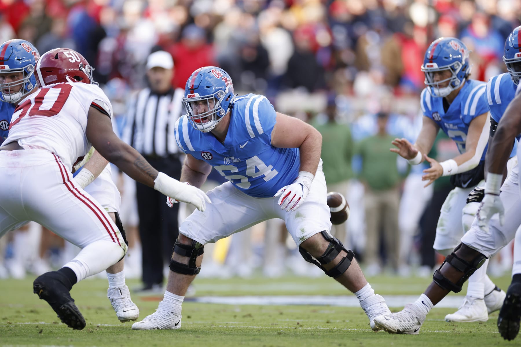OXFORD, MS - NOVEMBER 12: Mississippi Rebels offensive lineman Nick Broeker (64) blocks during a college football game against the Alabama Crimson Tide on November 12, 2022 at Vaught-Hemingway Stadium in Oxford, Mississippi. (Photo by Joe Robbins/Icon Sportswire via Getty Images)