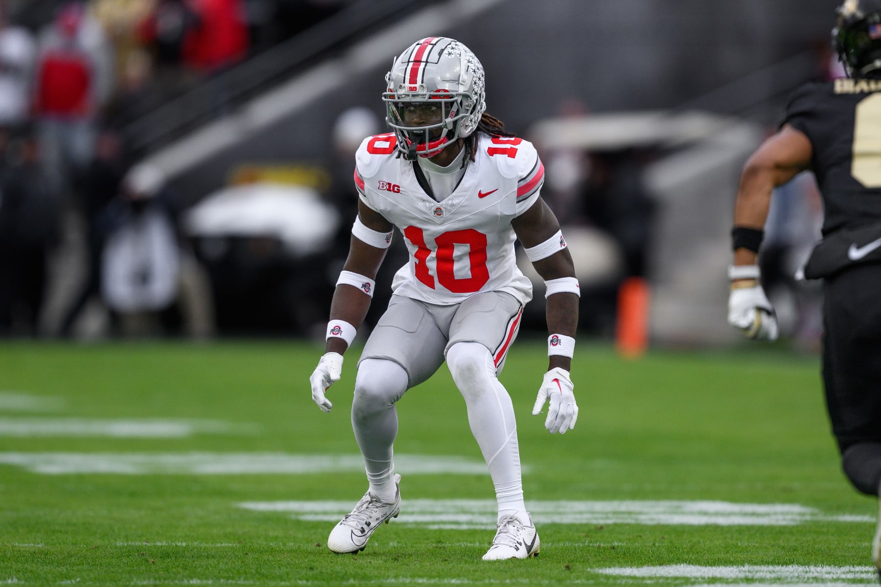 WEST LAFAYETTE, IN - OCTOBER 14: Ohio State Buckeyes cornerback Denzel Burke (10) lines up on defense during the college football game between the Purdue Boilermakers and Ohio State Buckeyes on October 14, 2023, at Ross-Ade Stadium in West Lafayette, IN. (Photo by Zach Bolinger/Icon Sportswire via Getty Images)