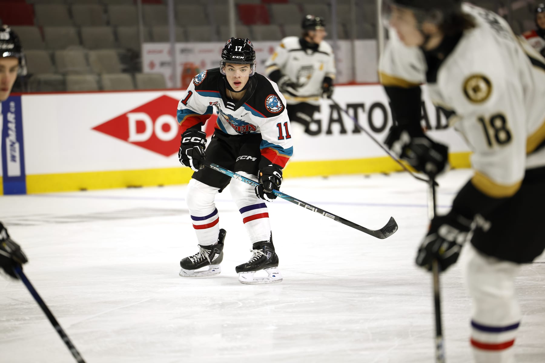 MONCTON, CANADA - JANUARY 23:  Tij Iginla #17 of Team White waits for a pass during practice session of 2024 Kabota Top Prospects game at Avenir Centre on January 23, 2024 in Moncton, Canada. (Photo by Dale Preston/Getty Images)