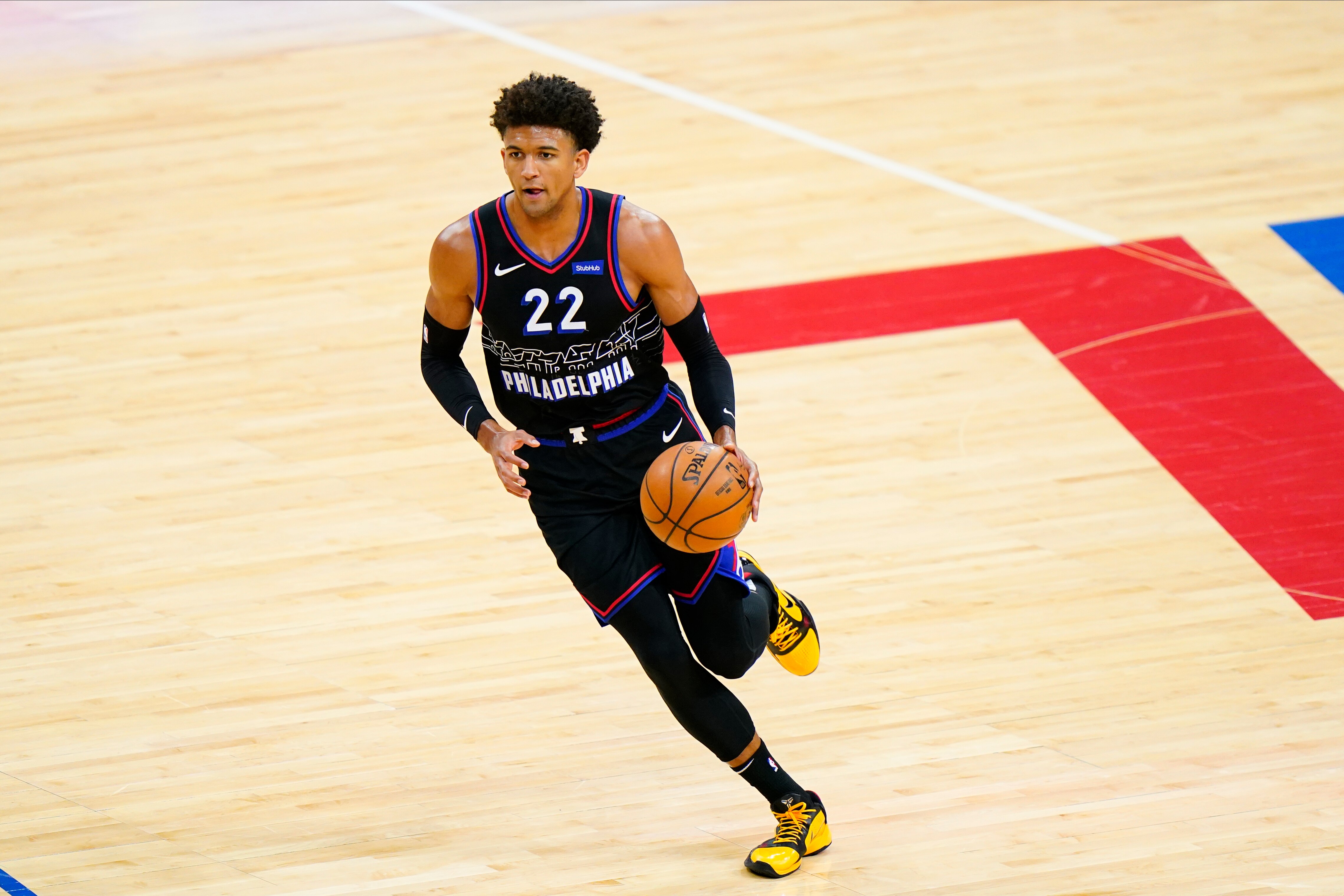 Philadelphia 76ers' Matisse Thybulle plays during Game 2 in a first-round NBA basketball playoff series against the Washington Wizards, Wednesday, May 26, 2021, in Philadelphia. (AP Photo/Matt Slocum)