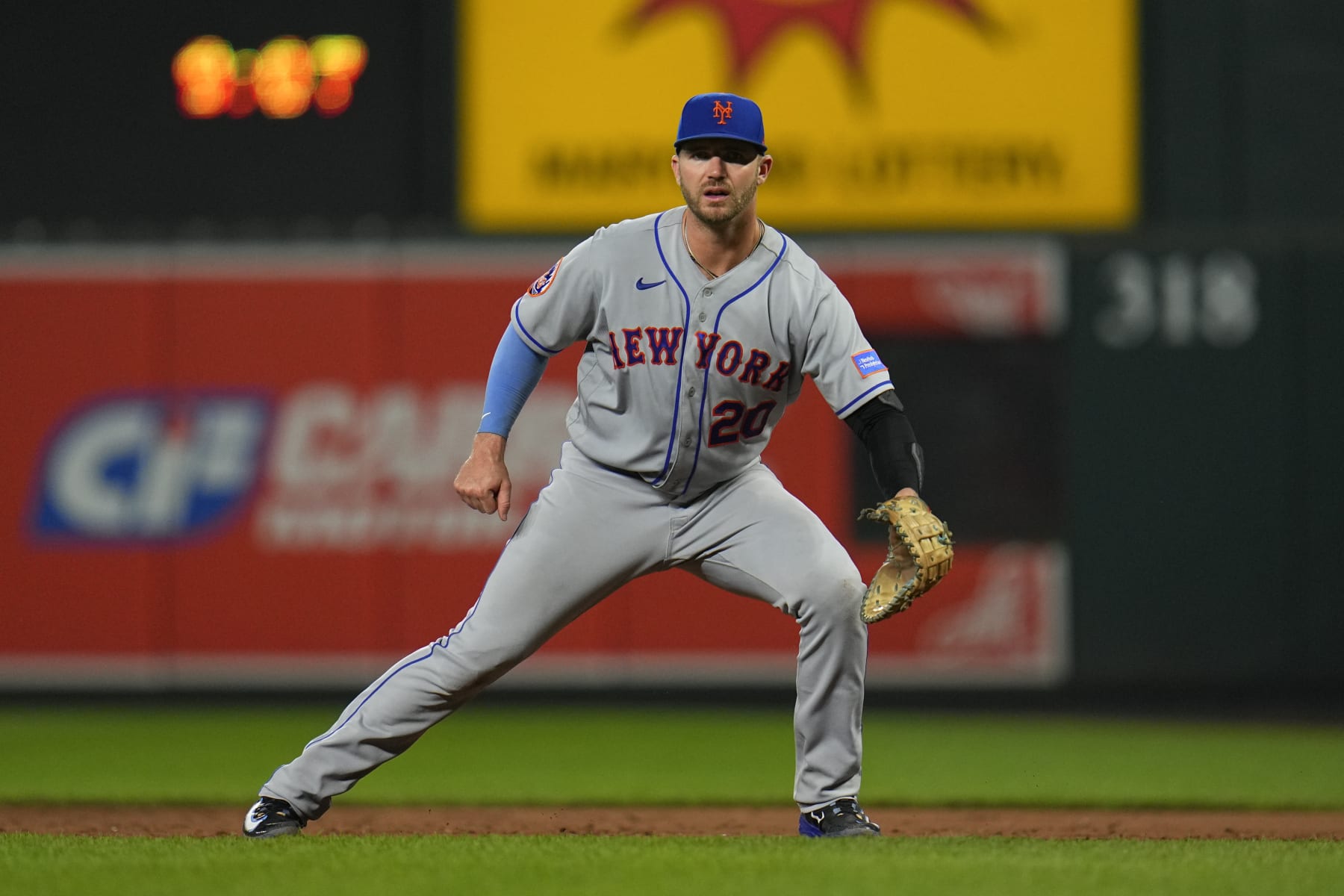 New York Mets first baseman Pete Alonso waits for a pitch to the Baltimore Orioles during the sixth inning of a baseball game, Saturday, Aug. 5, 2023, in Baltimore. (AP Photo/Julio Cortez)