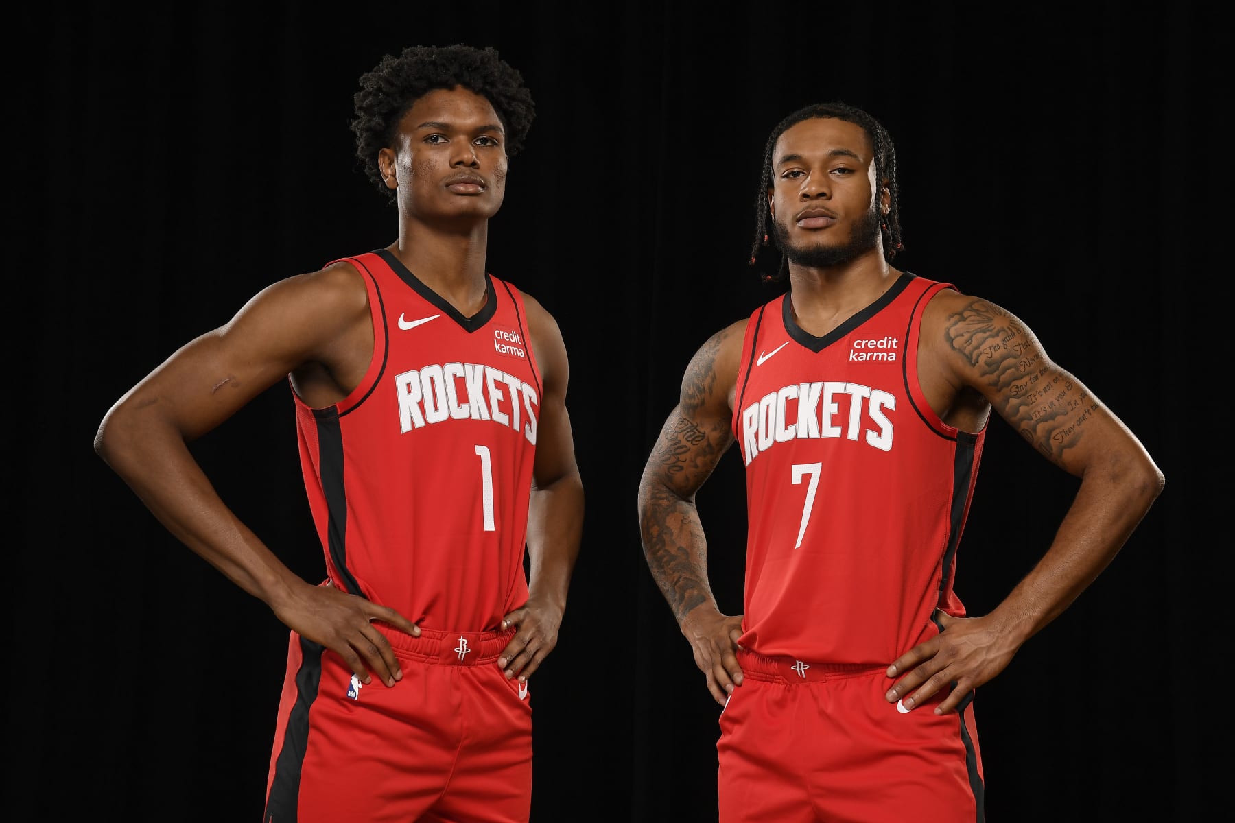LAS VEGAS, NV - JULY14: Amen Thompson #1 and Cam Whitmore #7 of the Houston Rockets pose for a portrait during the 2023 NBA Rookie Photo Shoot on July 14, 2023 at the University of Nevada, Las Vegas campus in Las Vegas, Nevada. NOTE TO USER: User expressly acknowledges and agrees that, by downloading and/or using this Photograph, user is consenting to the terms and conditions of the Getty Images License Agreement. Mandatory Copyright Notice: Copyright 2023 NBAE (Photo by Brian Babineau/NBAE via Getty Images)