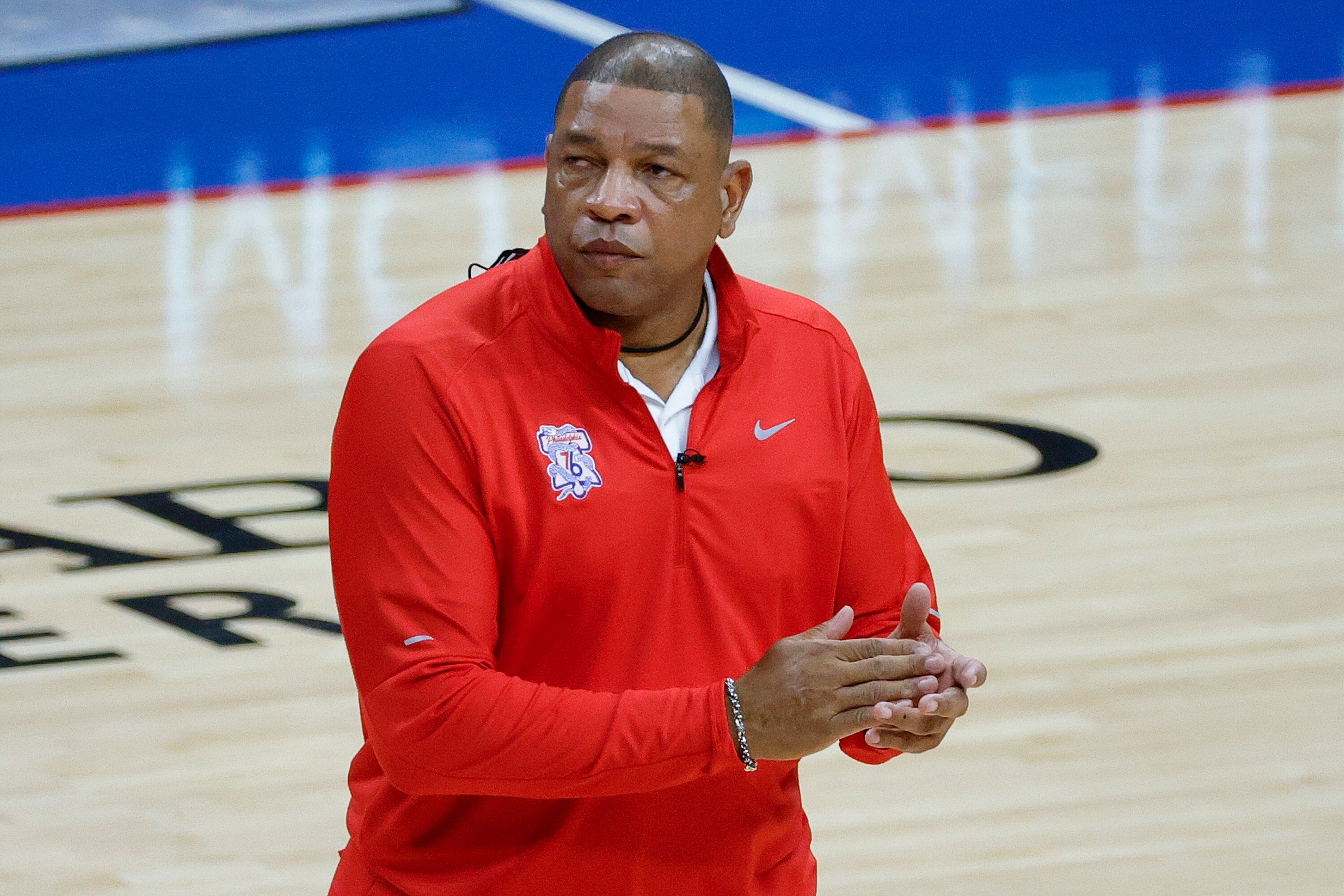 PHILADELPHIA, PENNSYLVANIA - JUNE 08: Head Coach Doc Rivers of the Philadelphia 76ers looks on during the first quarter against the Atlanta Hawks during Game Two of the Eastern Conference second round series at Wells Fargo Center on June 08, 2021 in Philadelphia, Pennsylvania. NOTE TO USER: User expressly acknowledges and agrees that, by downloading and or using this photograph, User is consenting to the terms and conditions of the Getty Images License Agreement. (Photo by Tim Nwachukwu/Getty Images)