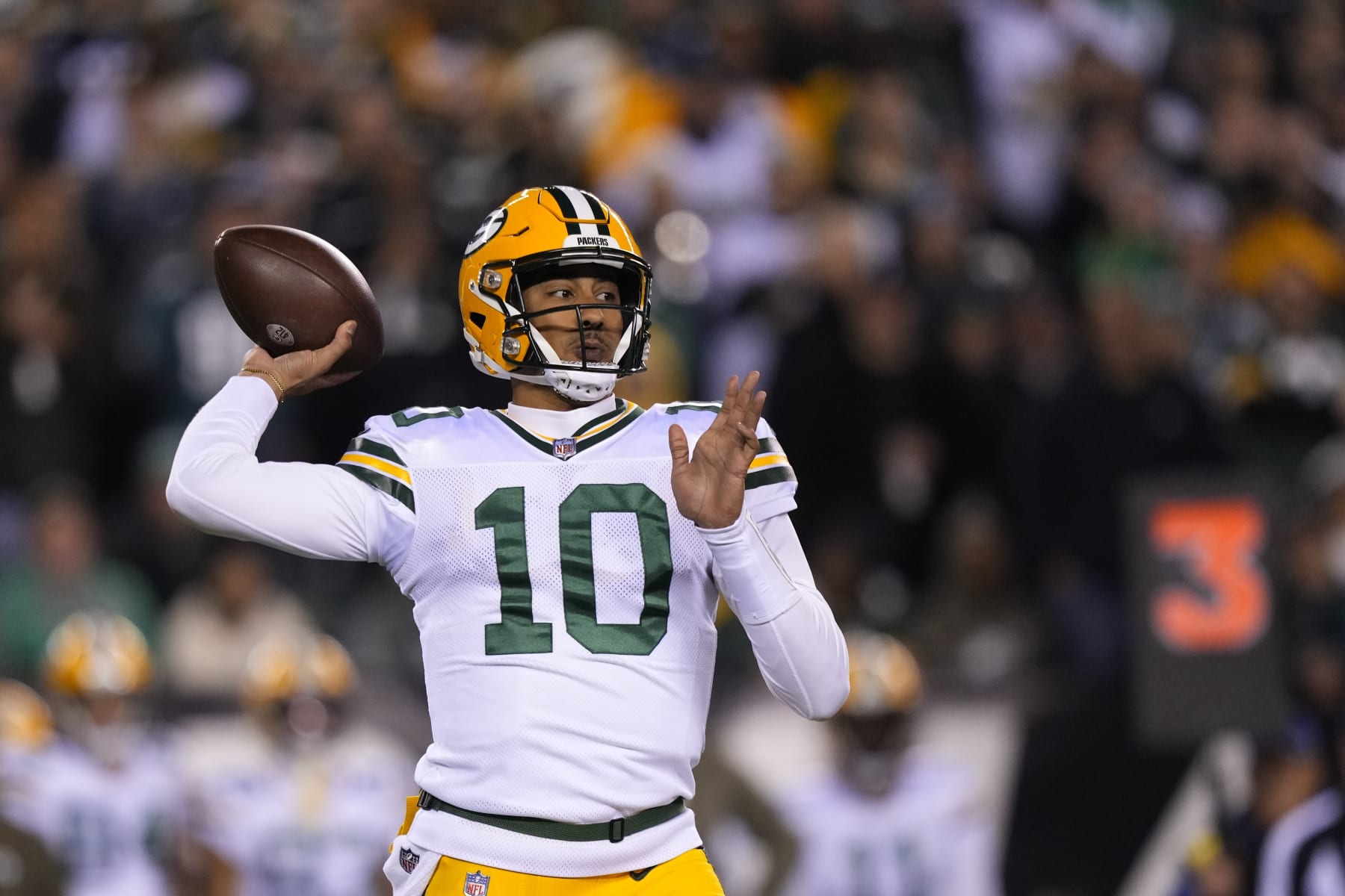 Green Bay Packers quarterback Jordan Love throws during the second half of an NFL football game against the Philadelphia Eagles, Sunday, Nov. 27, 2022, in Philadelphia. (AP Photo/Matt Slocum)